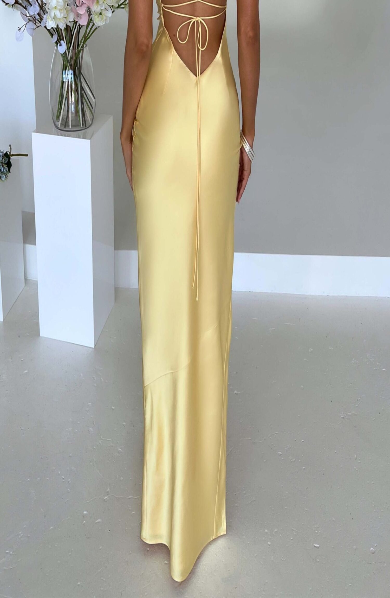 Misha Maxi Dress Lemon Stretch Satin Low Back Split Dress - Image 2