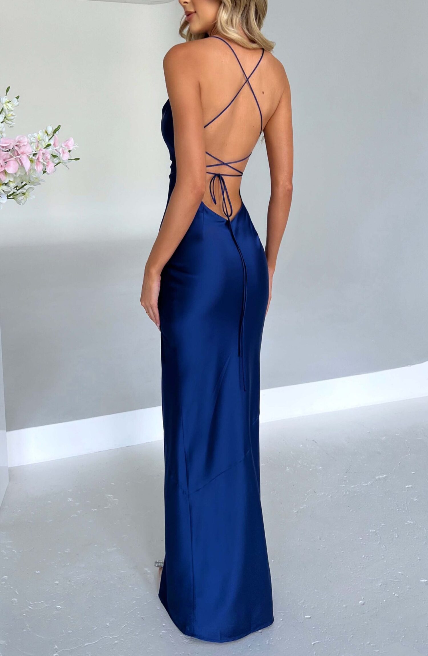 Misha Navy Maxi Dress - Luxe Stretch Satin, Low Back, Thigh Split - Image 3