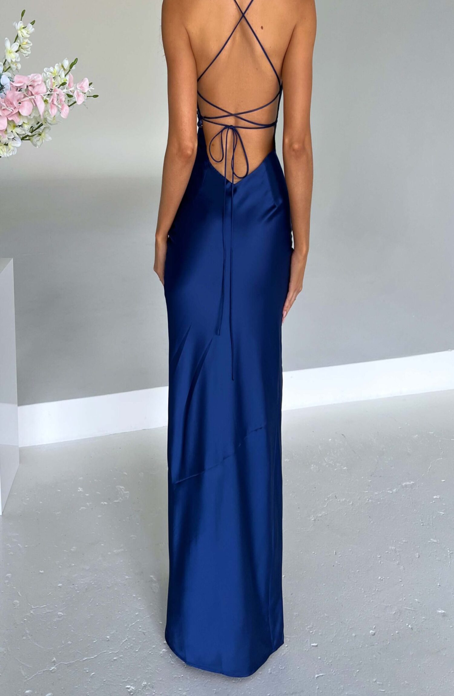 Misha Navy Maxi Dress - Luxe Stretch Satin, Low Back, Thigh Split - Image 5