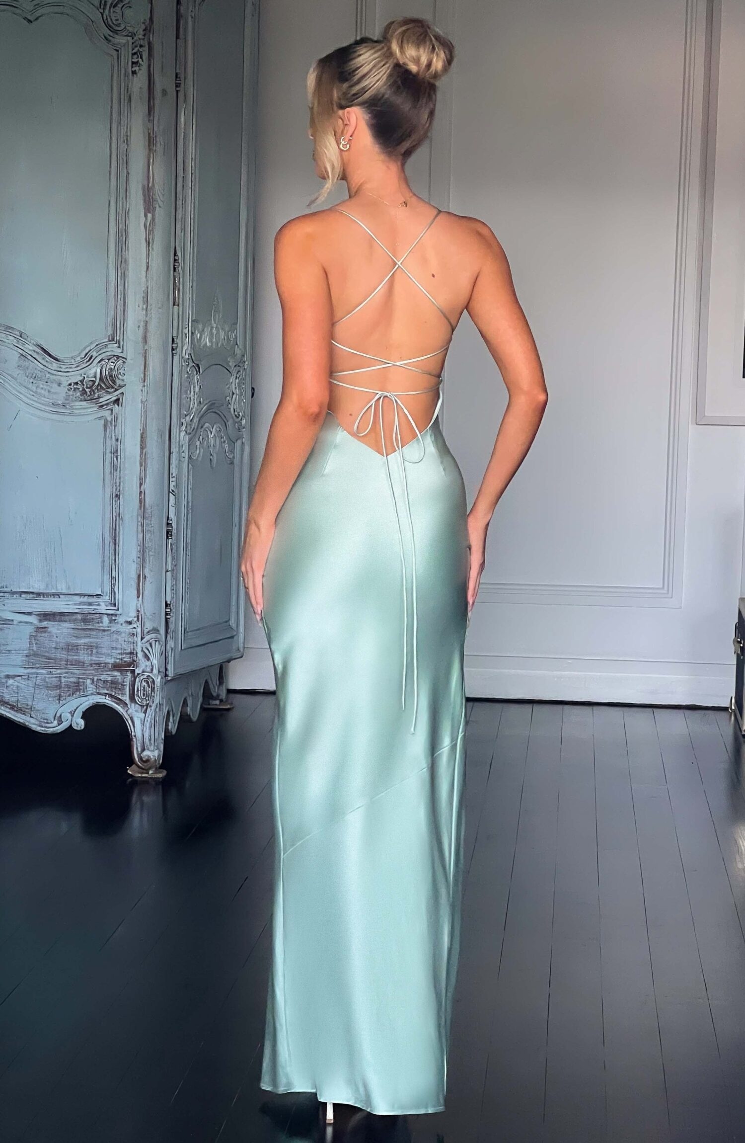 Misha Sage Maxi Dress - Luxe Stretch Satin, Low Back, Thigh Split - Image 3