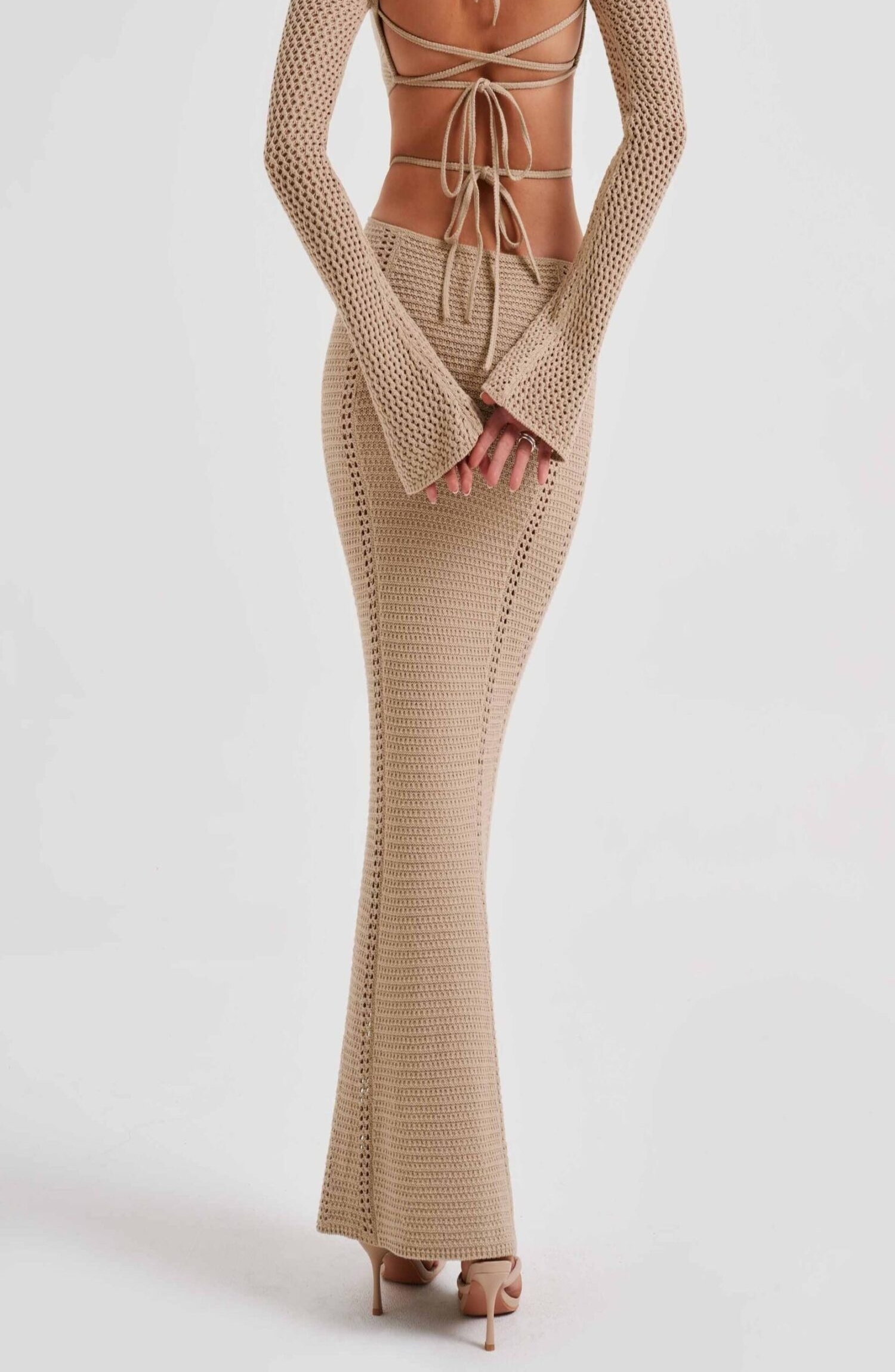 Nadine Beige Crochet Maxi Dress - Plunge Neck, Cut-Out Waist, Low Back - Image 11