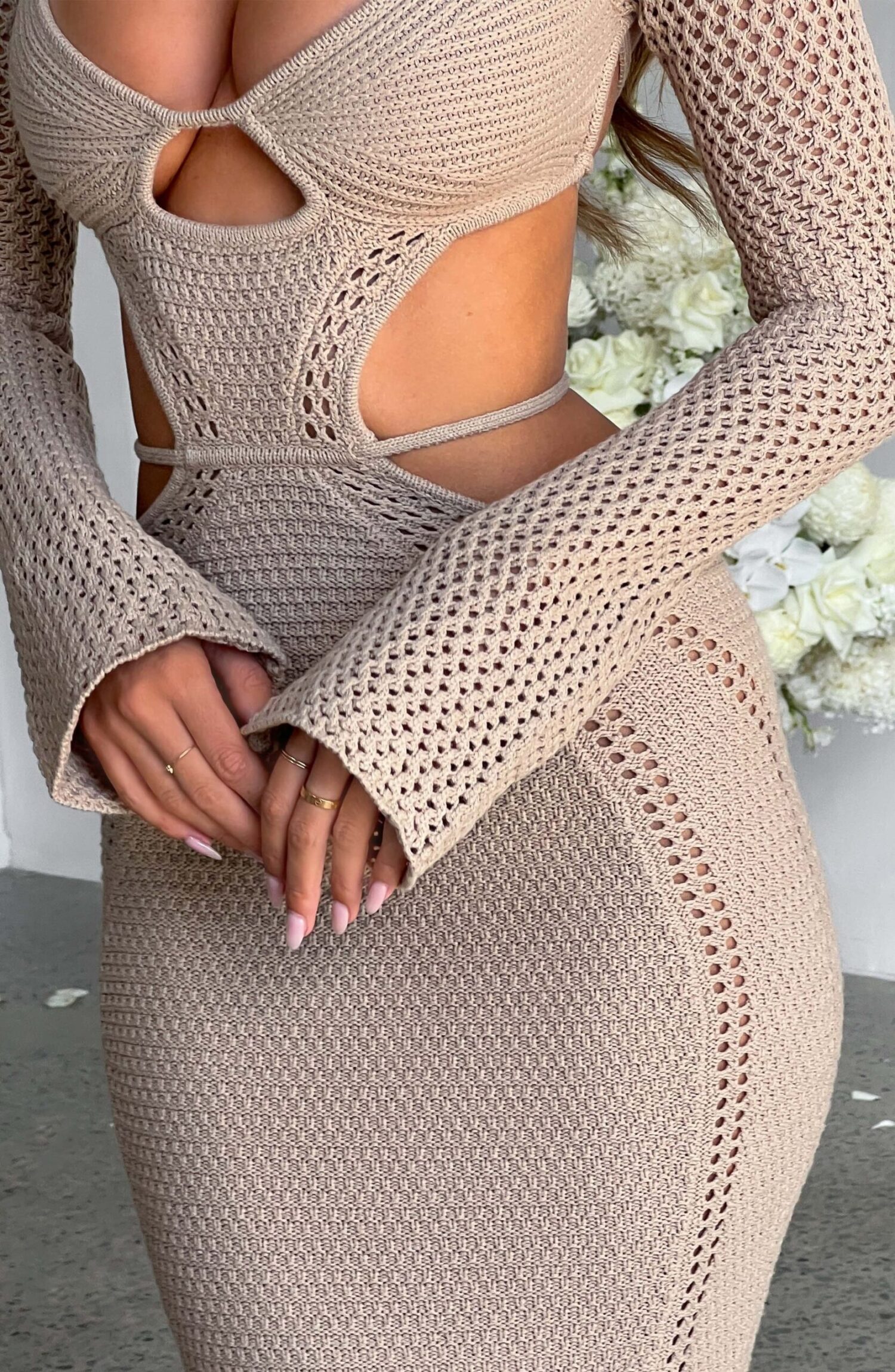 Nadine Beige Crochet Maxi Dress - Plunge Neck, Cut-Out Waist, Low Back - Image 6