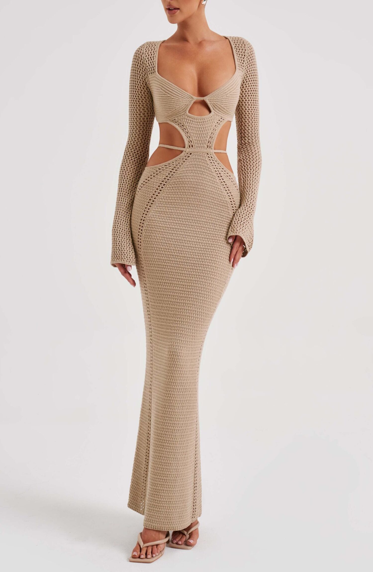 Nadine Beige Crochet Maxi Dress - Plunge Neck, Cut-Out Waist, Low Back - Image 20