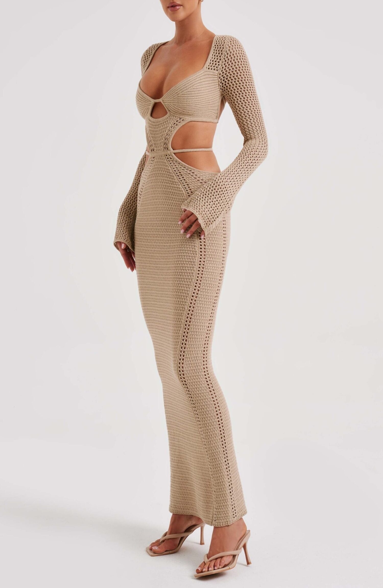 Nadine Beige Crochet Maxi Dress - Plunge Neck, Cut-Out Waist, Low Back - Image 15