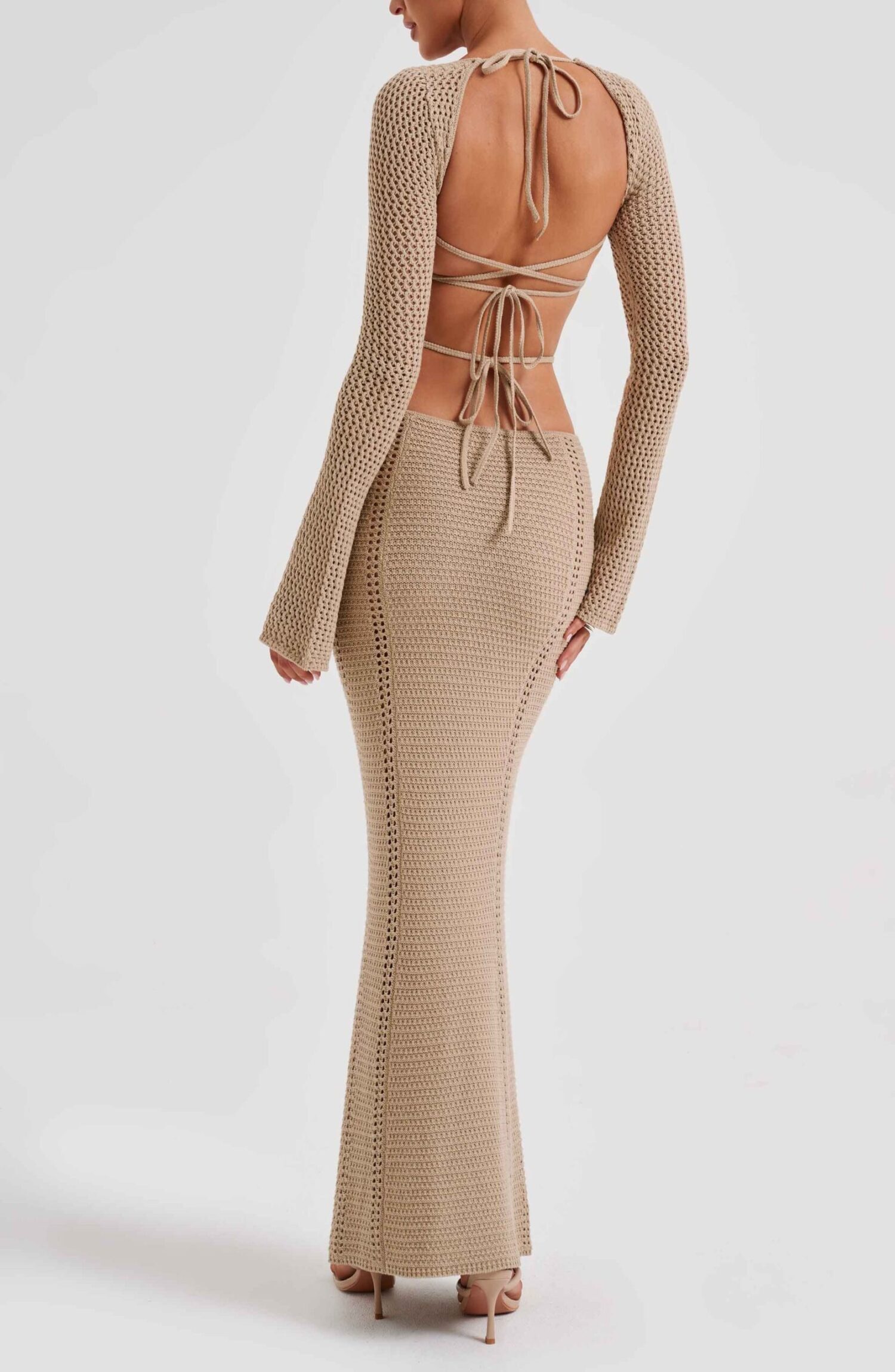 Nadine Beige Crochet Maxi Dress - Plunge Neck, Cut-Out Waist, Low Back - Image 14