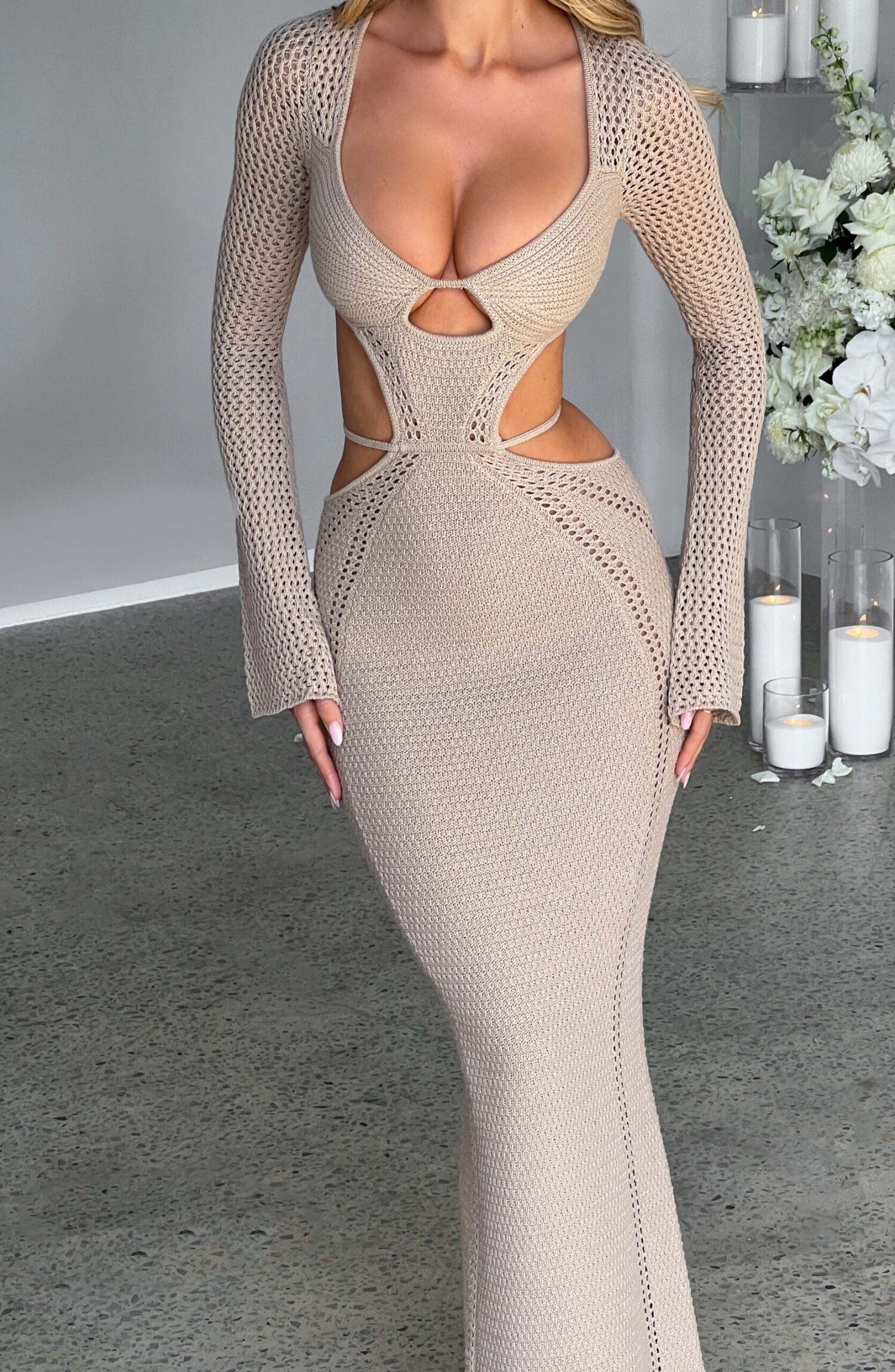 Nadine Beige Crochet Maxi Dress - Plunge Neck, Cut-Out Waist, Low Back - Image 2