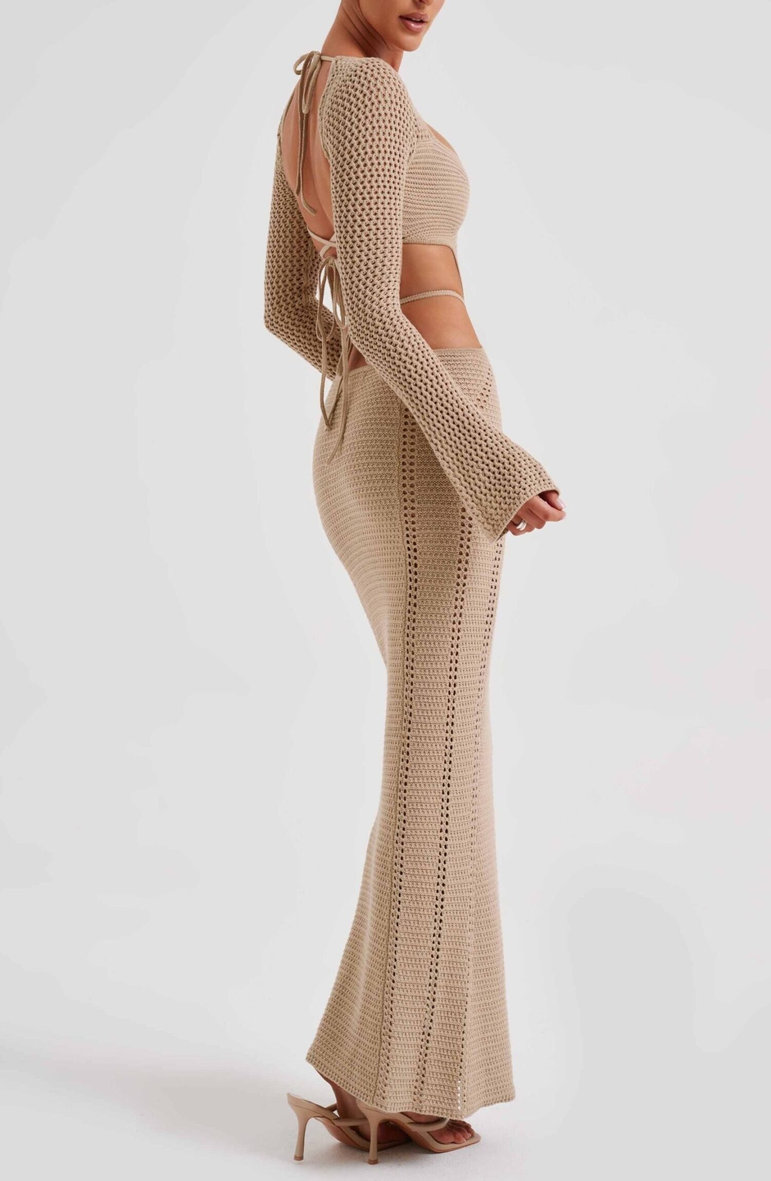 Nadine Beige Crochet Maxi Dress - Plunge Neck, Cut-Out Waist, Low Back - Image 16