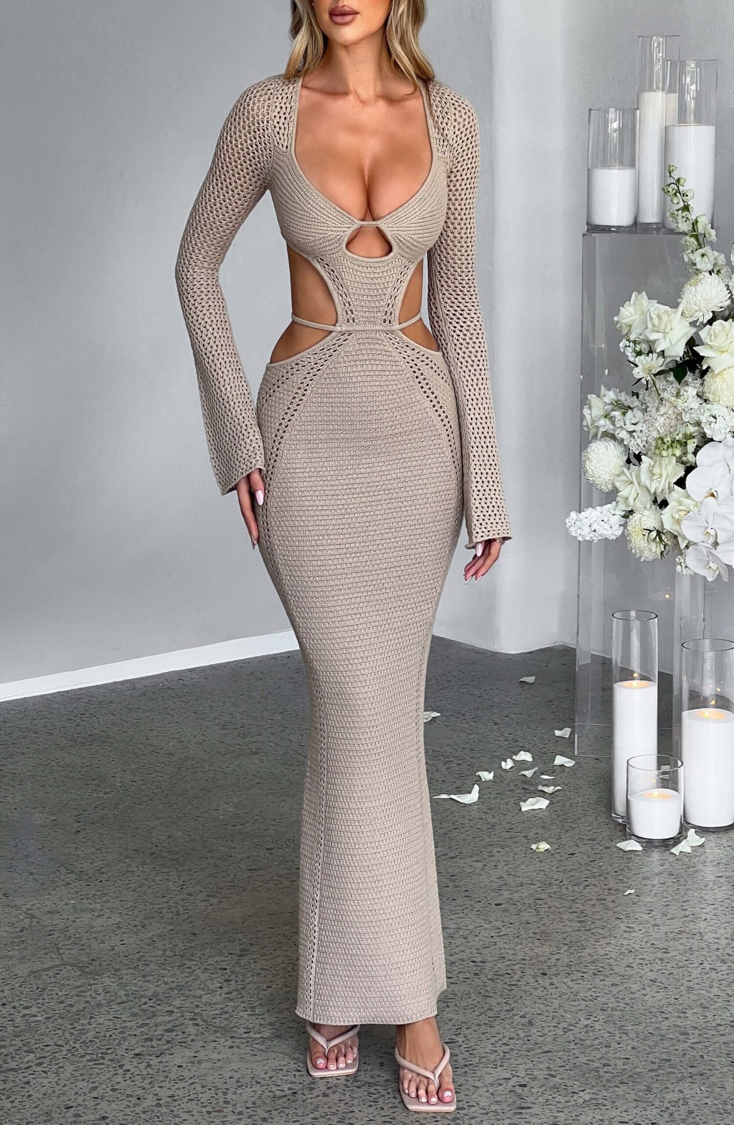 Nadine Beige Crochet Maxi Dress - Plunge Neck, Cut-Out Waist, Low Back - Image 4