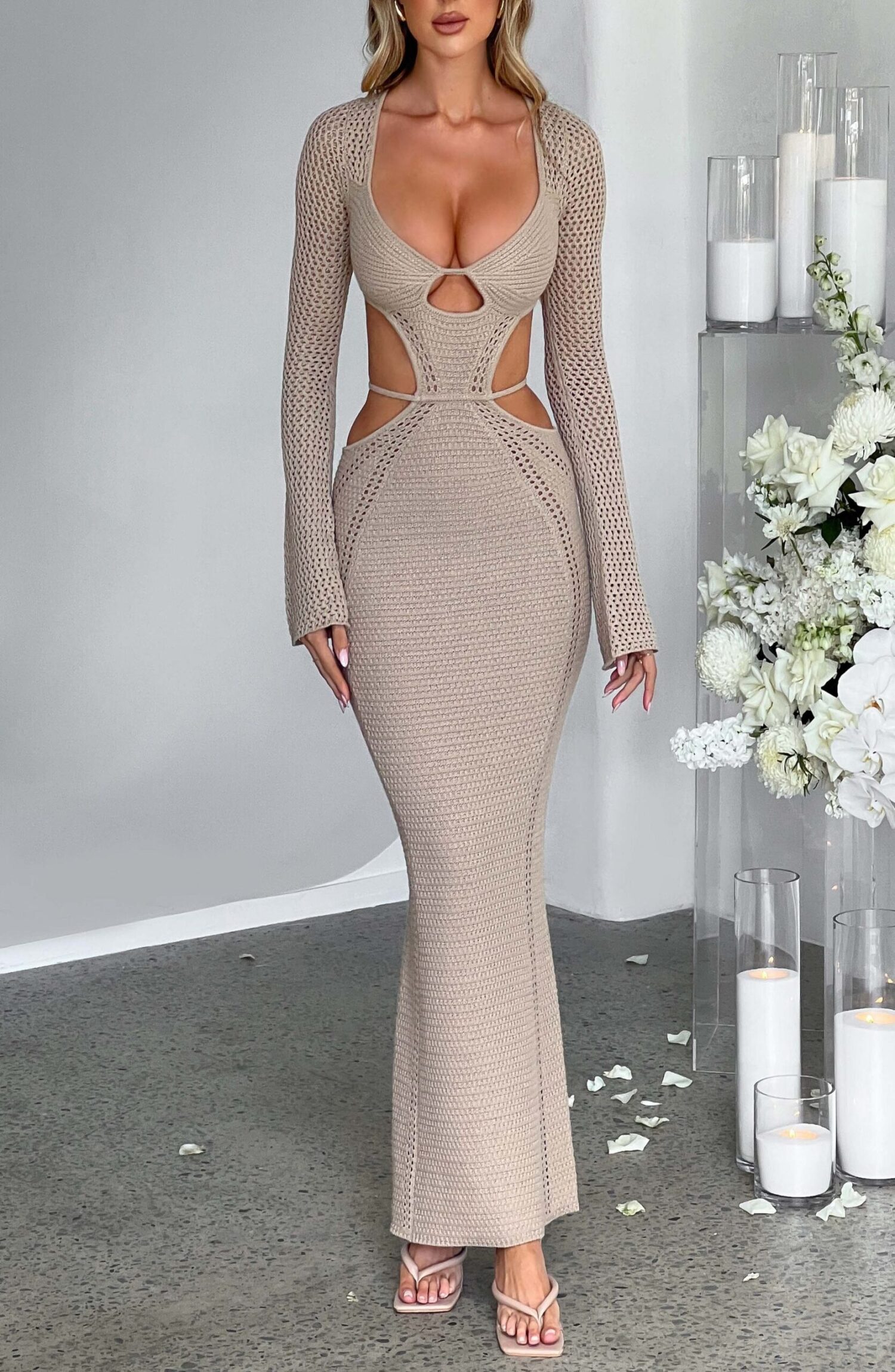 Nadine Beige Crochet Maxi Dress - Plunge Neck, Cut-Out Waist, Low Back