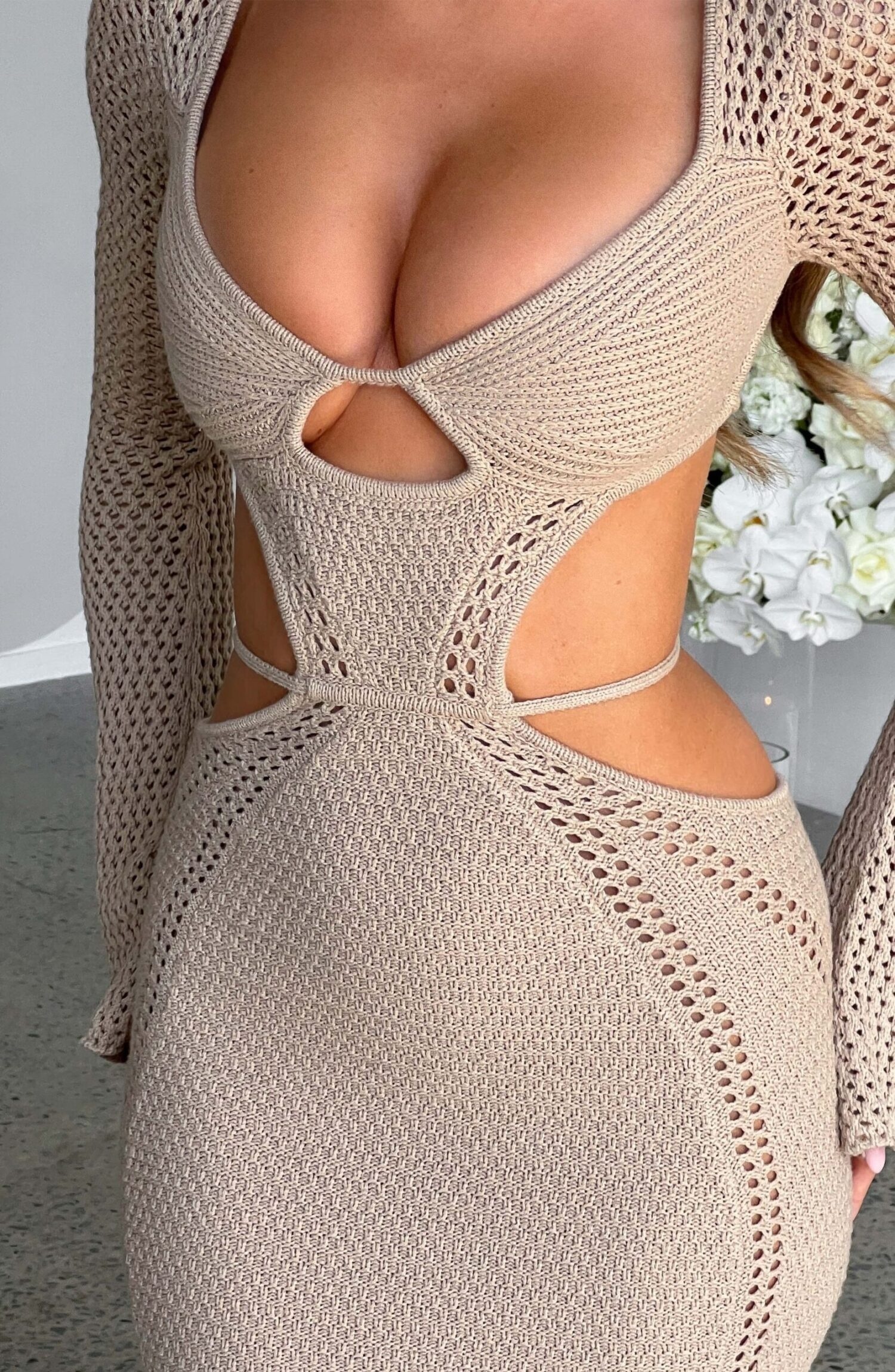Nadine Beige Crochet Maxi Dress - Plunge Neck, Cut-Out Waist, Low Back - Image 10