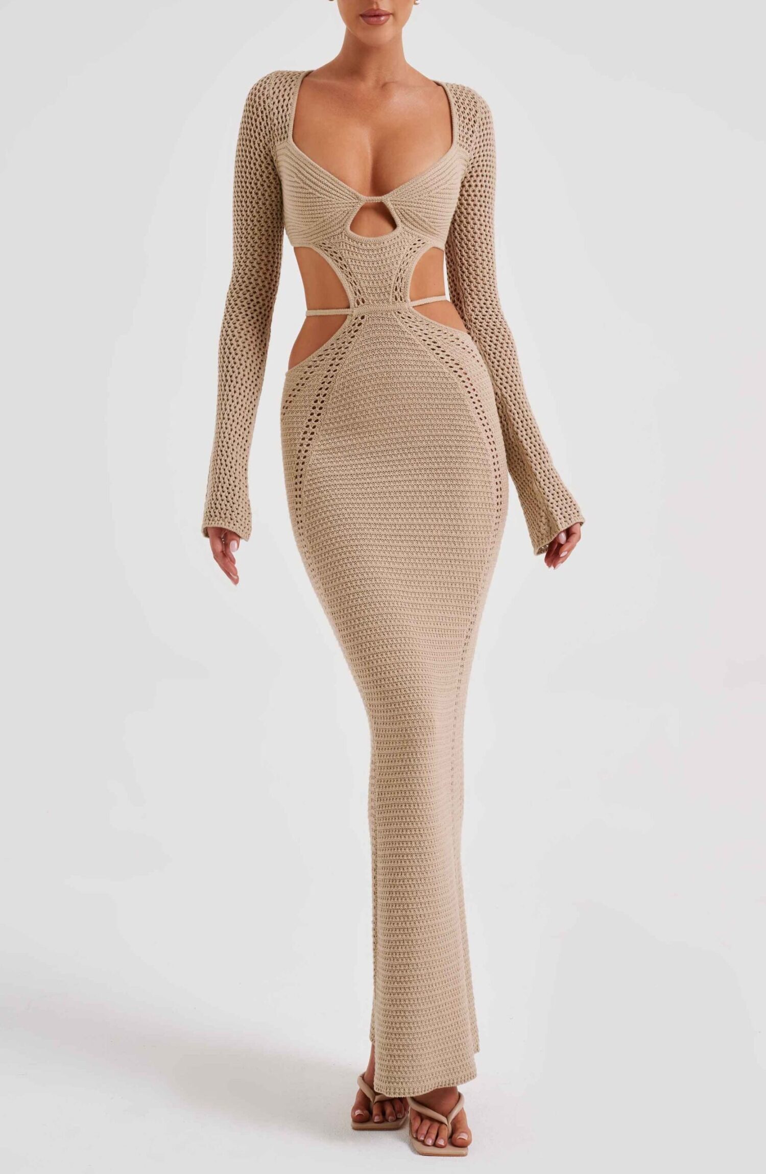 Nadine Beige Crochet Maxi Dress - Plunge Neck, Cut-Out Waist, Low Back - Image 12