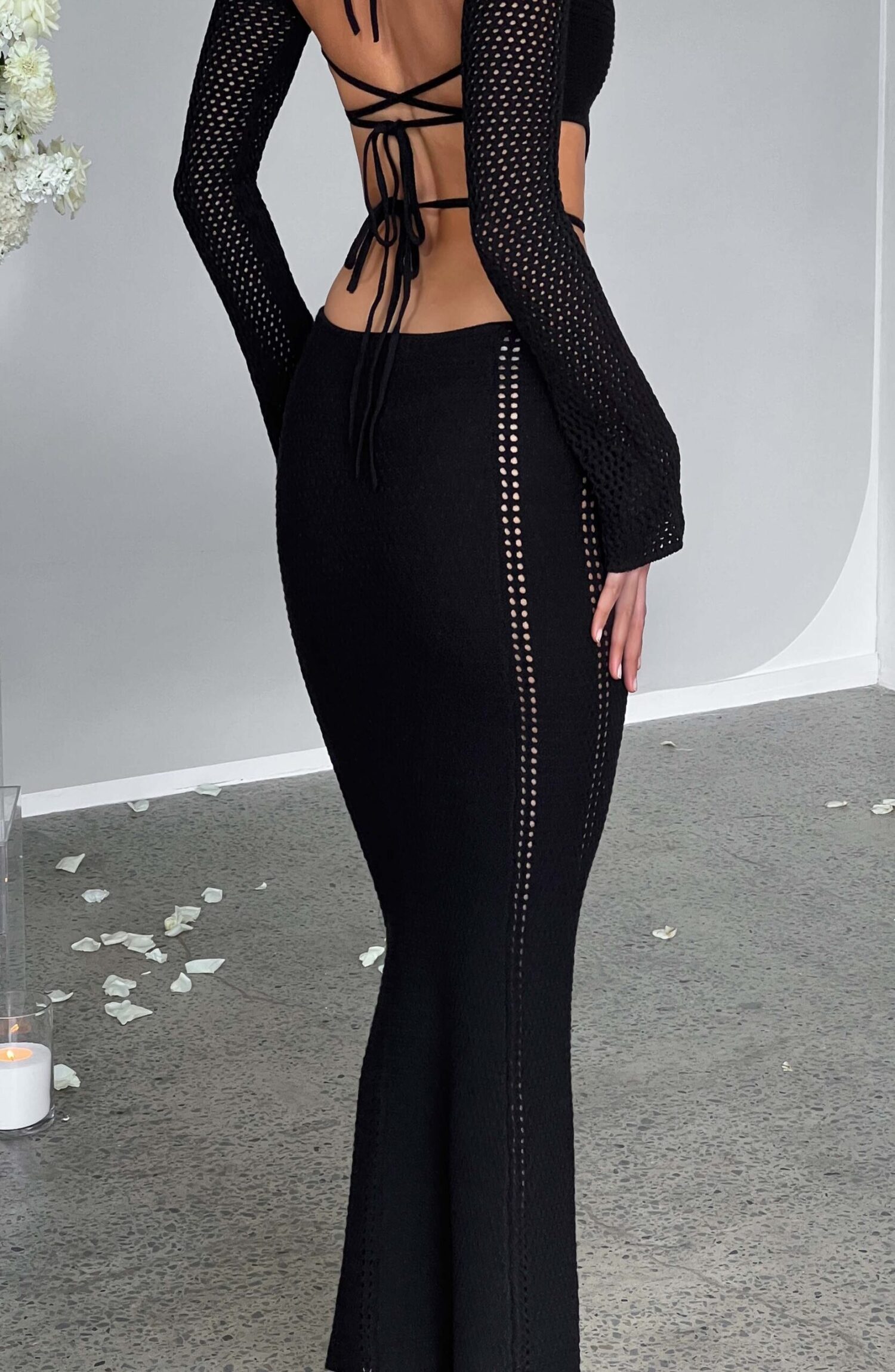 Nadine Black Crochet Maxi Dress with Plunge Neck & Cut-Out Waist - Image 2