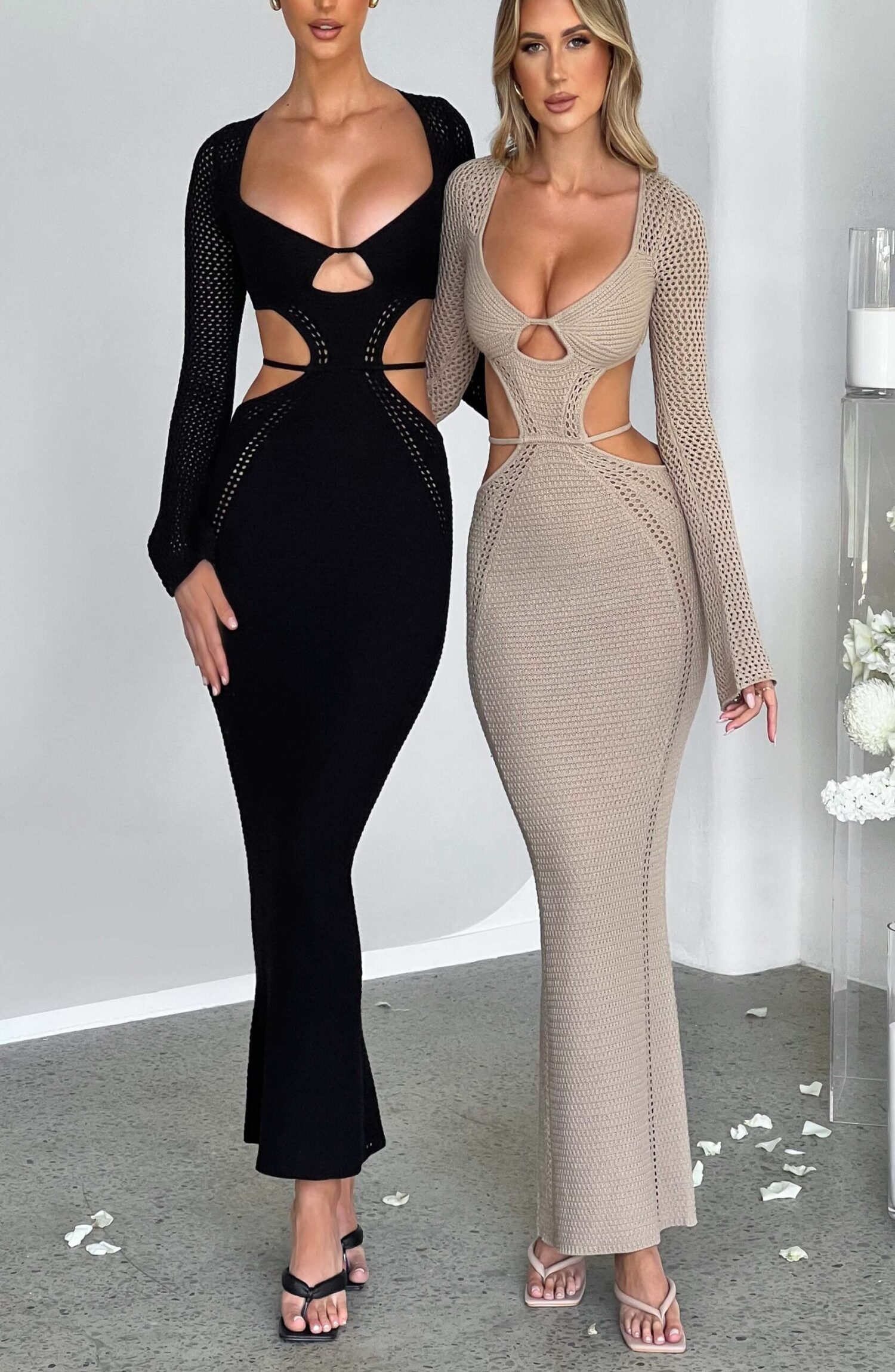 Nadine Black Crochet Maxi Dress with Plunge Neck & Cut-Out Waist - Image 4