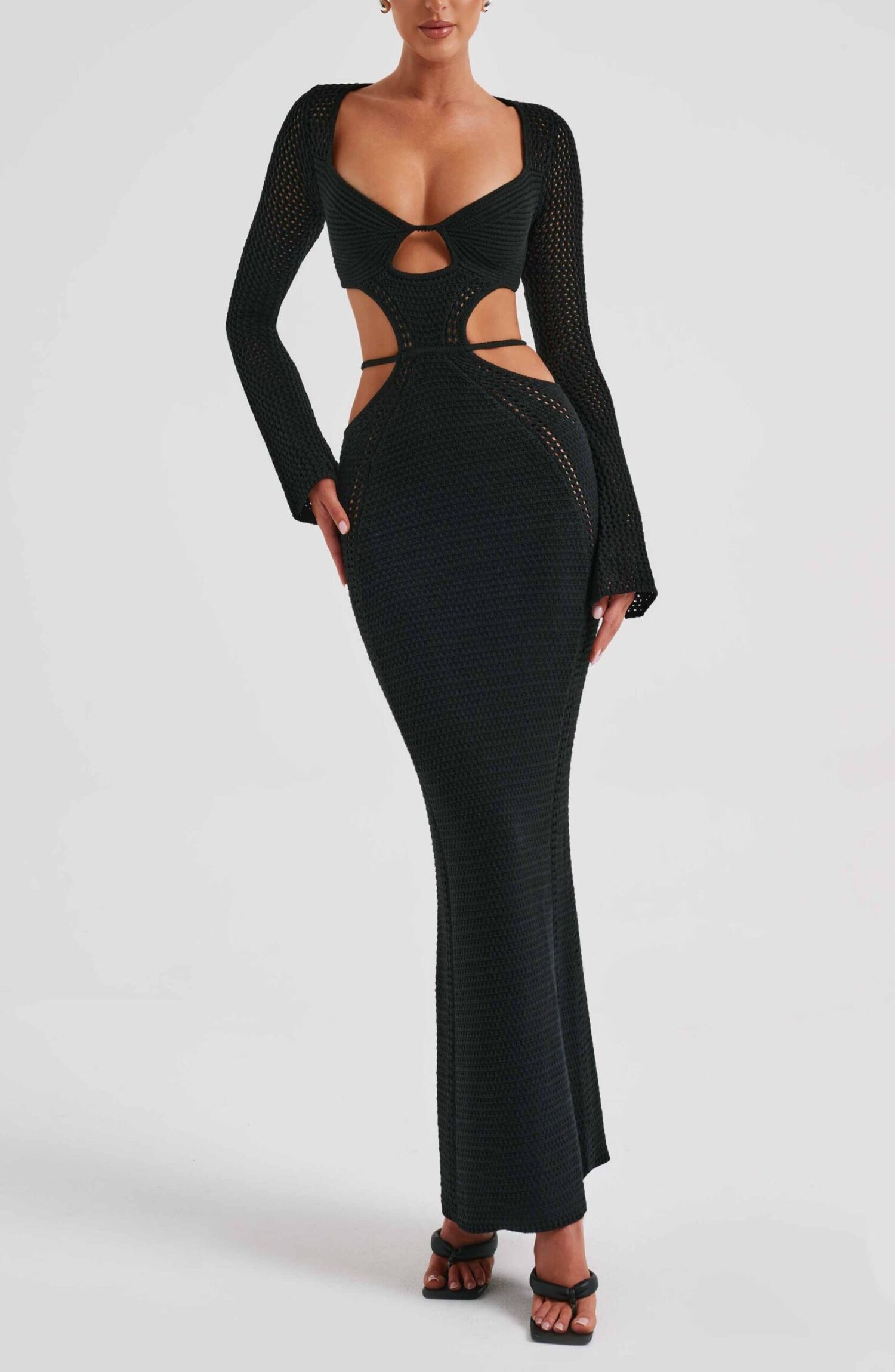 Nadine Black Crochet Maxi Dress with Plunge Neck & Cut-Out Waist - Image 19