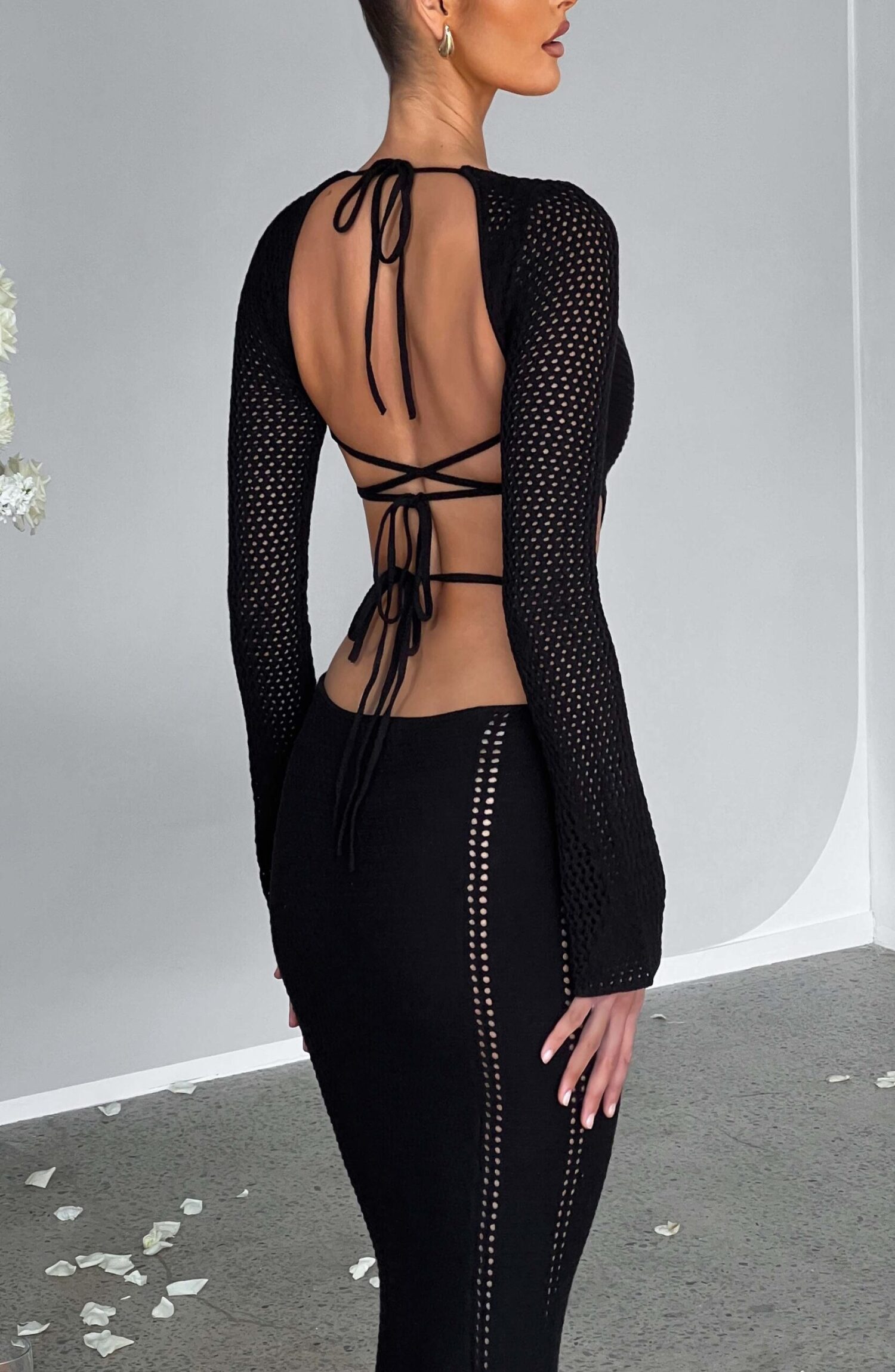 Nadine Black Crochet Maxi Dress with Plunge Neck & Cut-Out Waist - Image 9