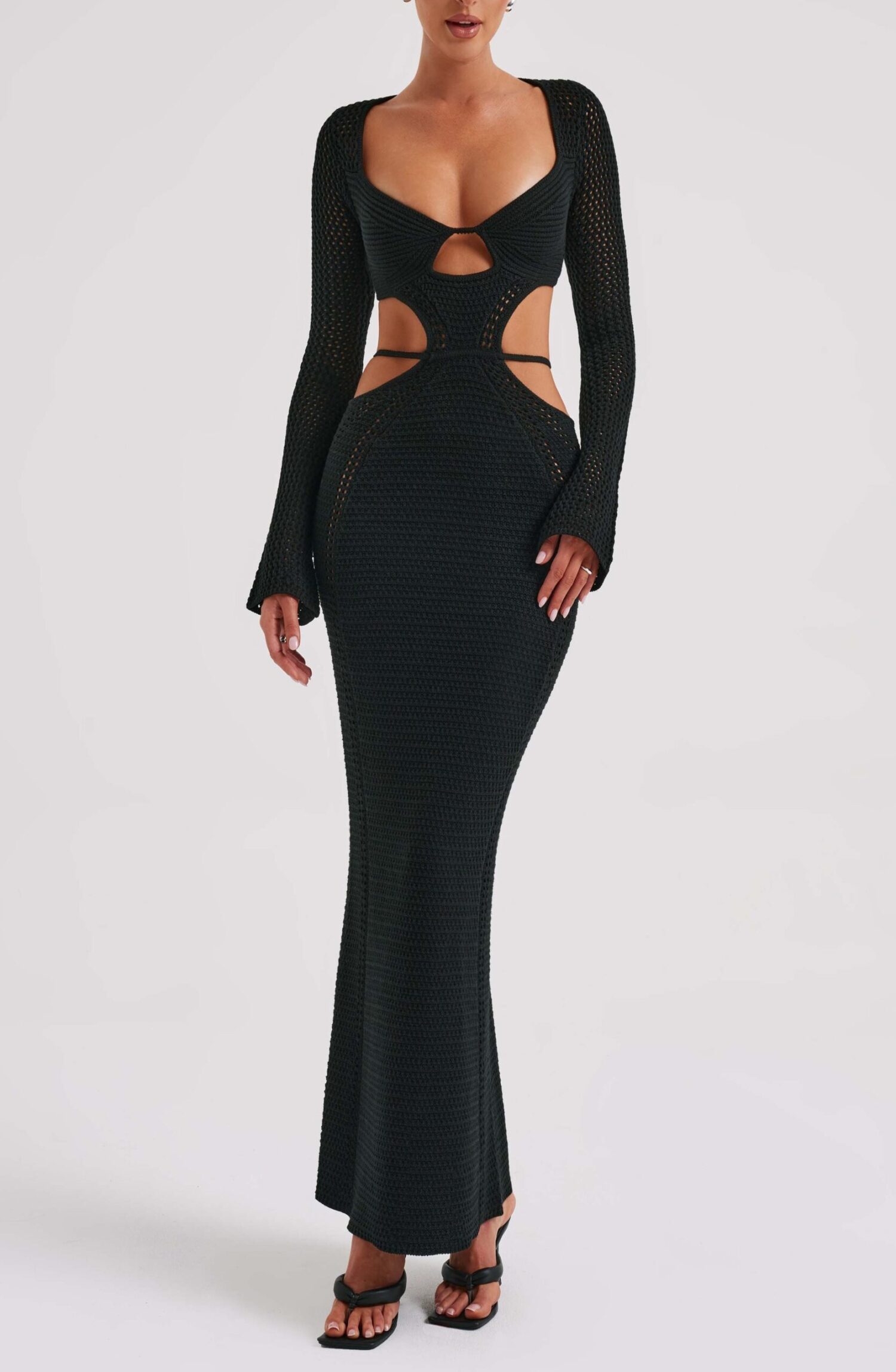 Nadine Black Crochet Maxi Dress with Plunge Neck & Cut-Out Waist - Image 20
