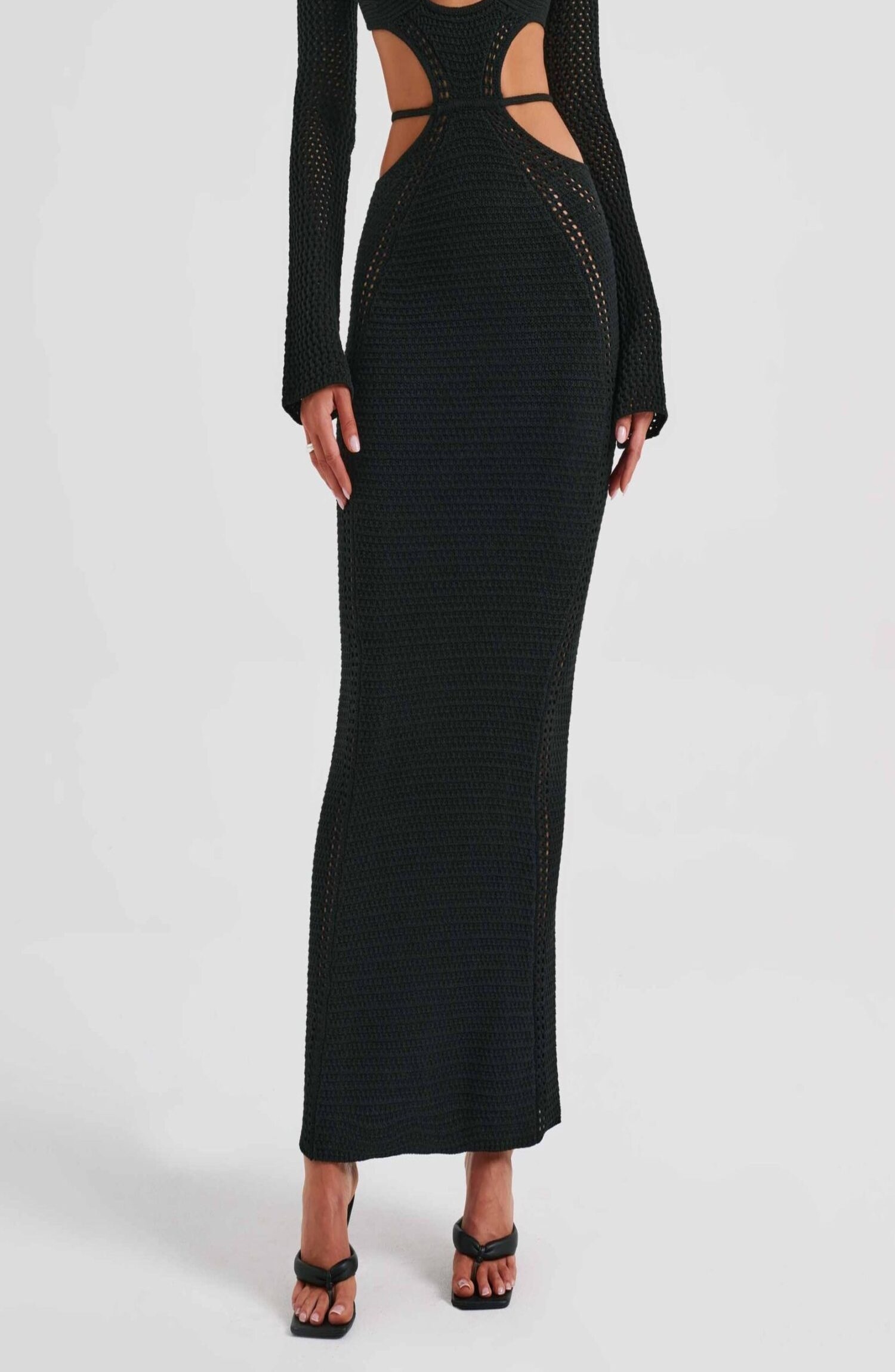 Nadine Black Crochet Maxi Dress with Plunge Neck & Cut-Out Waist - Image 13