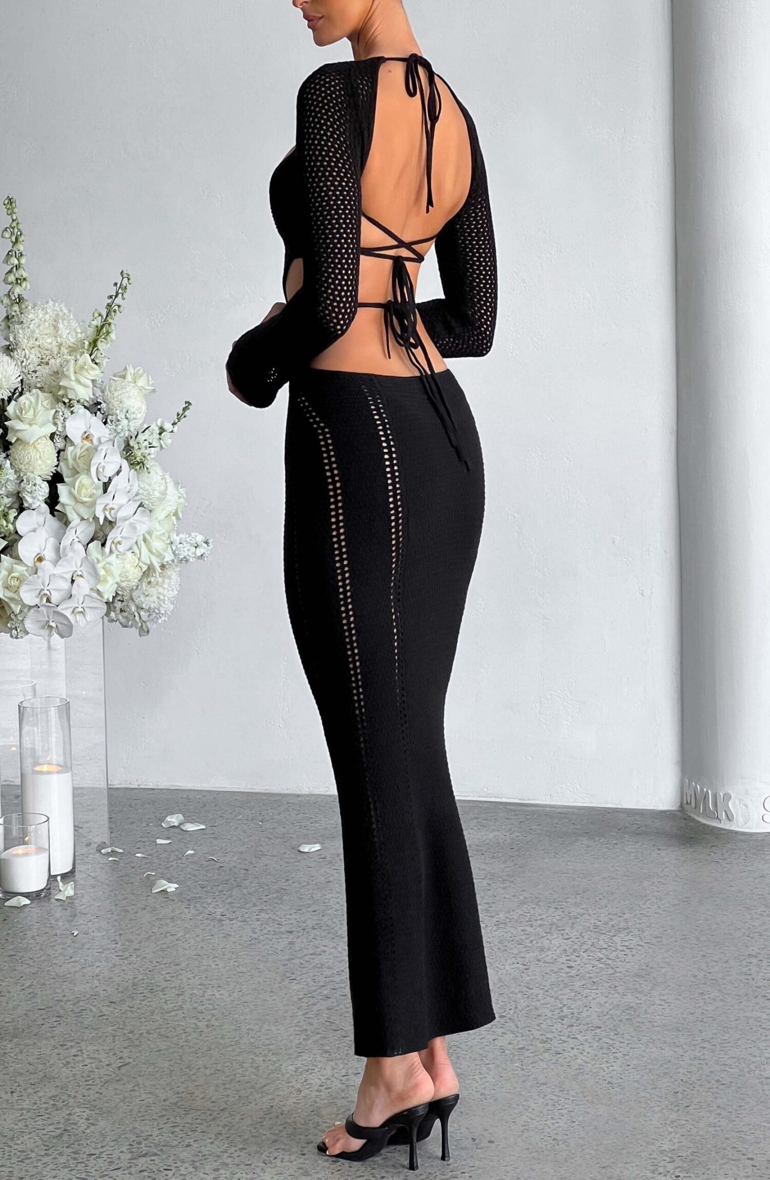 Nadine Black Crochet Maxi Dress with Plunge Neck & Cut-Out Waist - Image 14