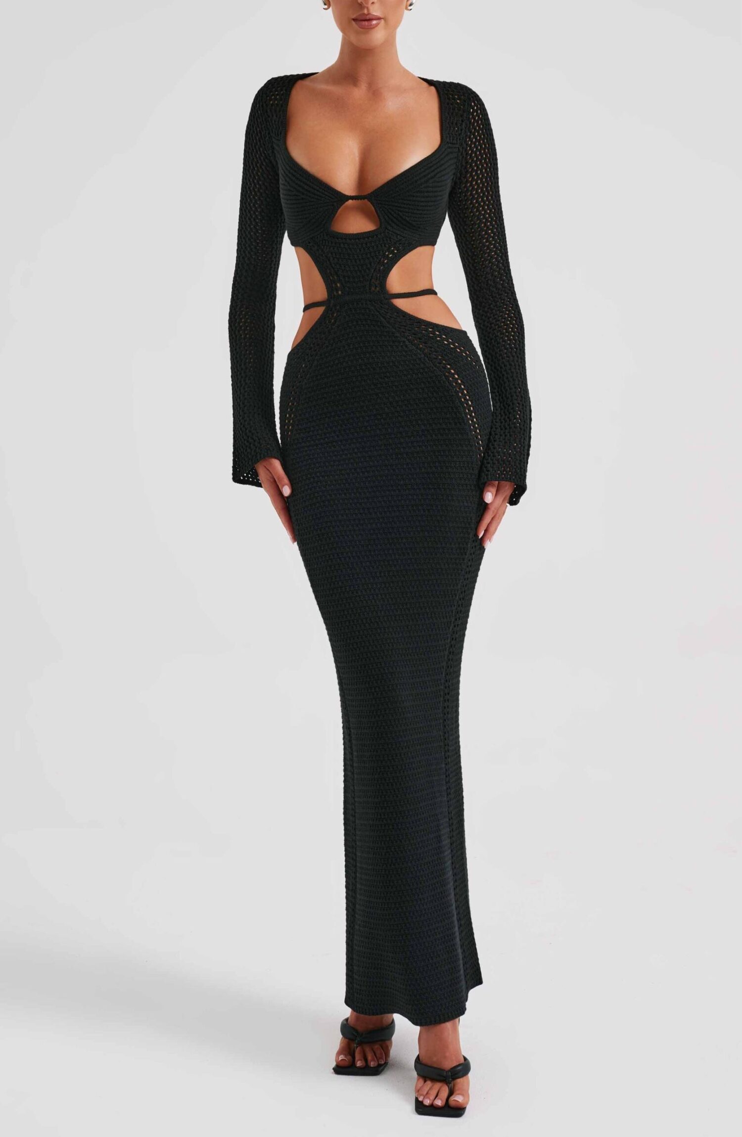 Nadine Black Crochet Maxi Dress with Plunge Neck & Cut-Out Waist