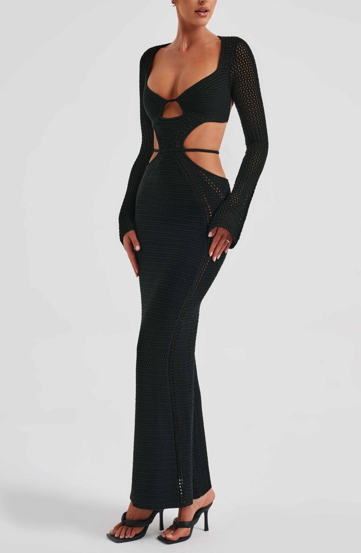 Nadine Black Crochet Maxi Dress with Plunge Neck & Cut-Out Waist - Image 16