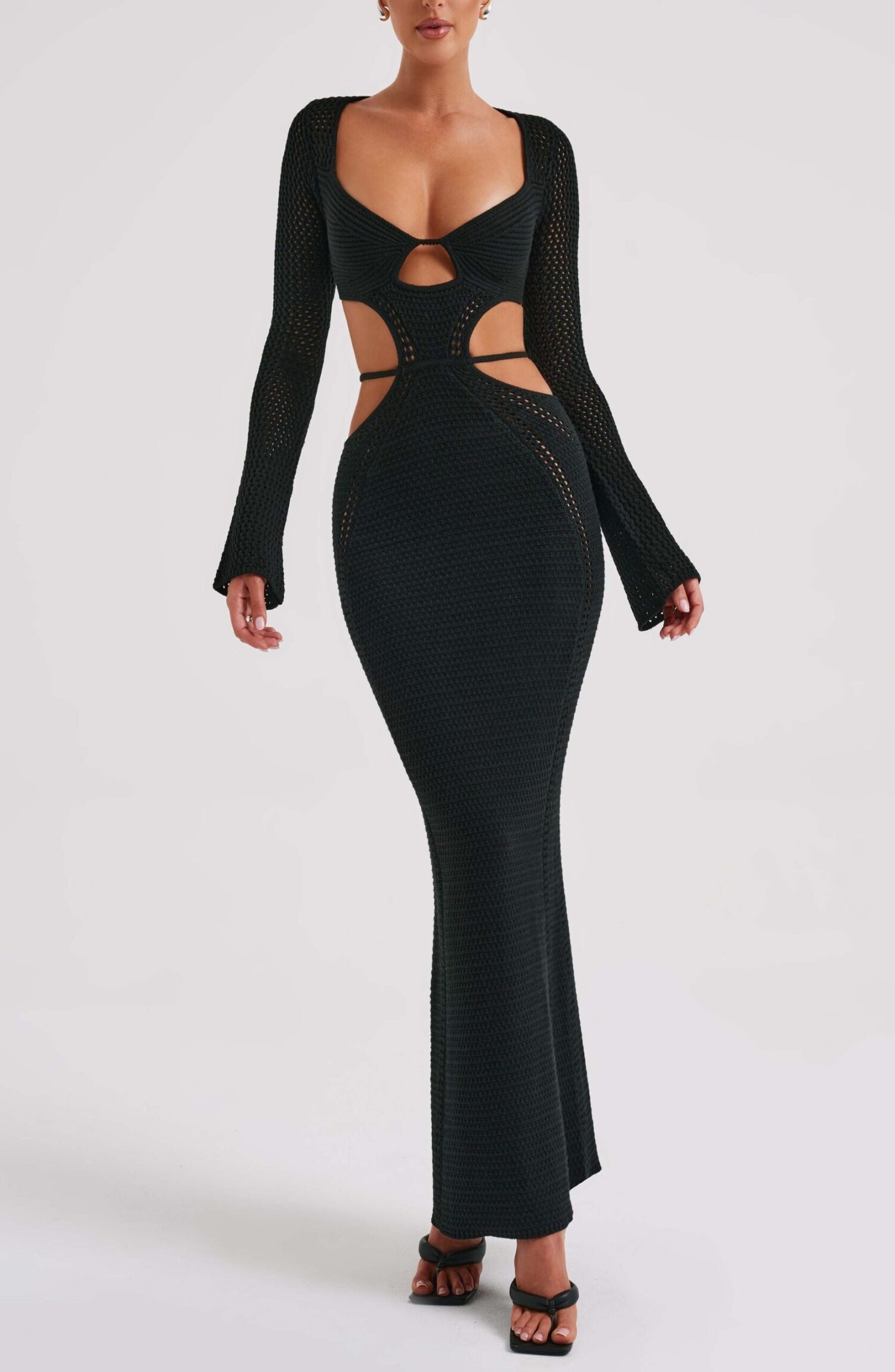 Nadine Black Crochet Maxi Dress with Plunge Neck & Cut-Out Waist - Image 17