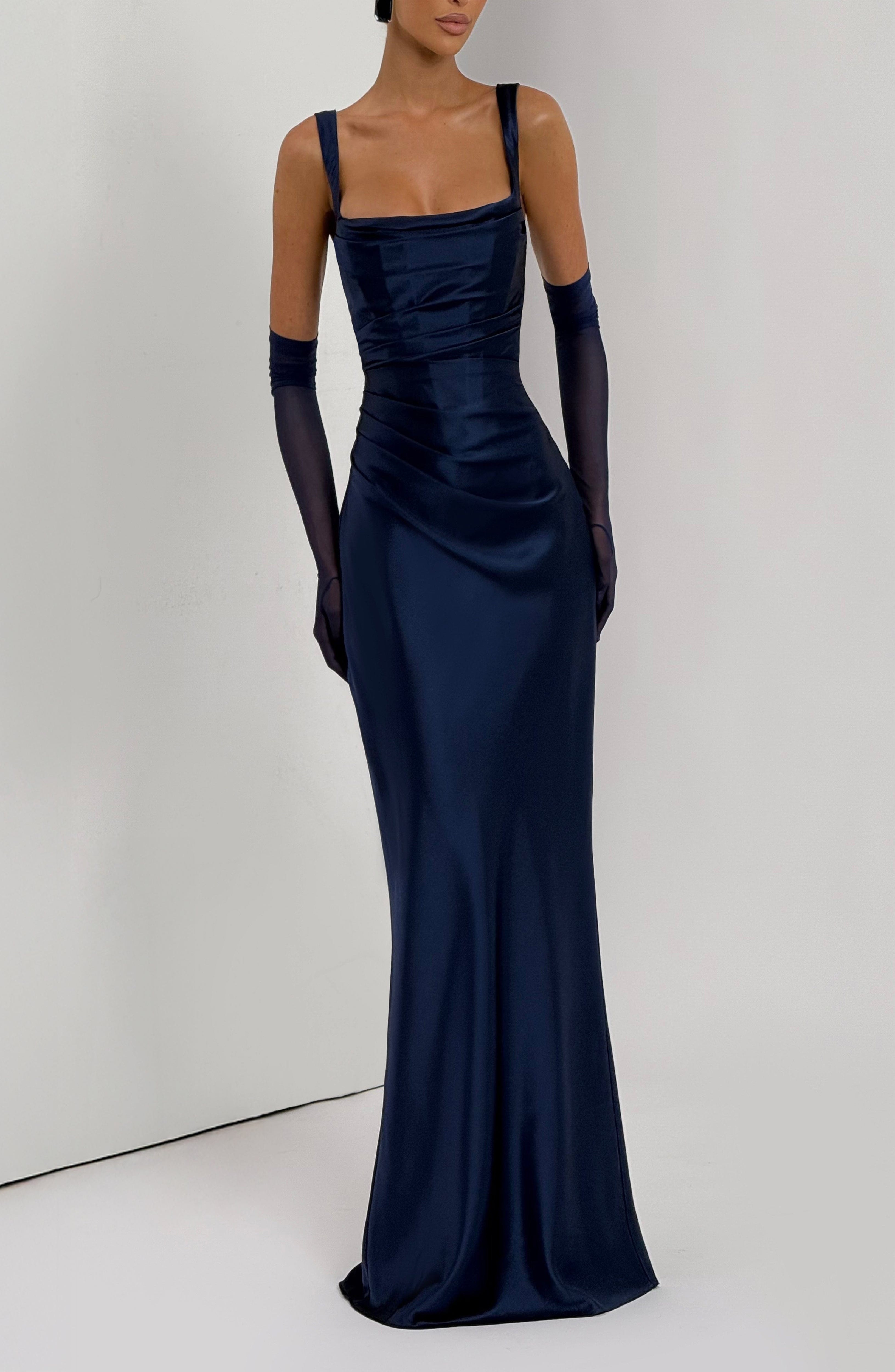 Navy Satin Maxi Dress with Square Neckline & Lace-Up Back - Image 8