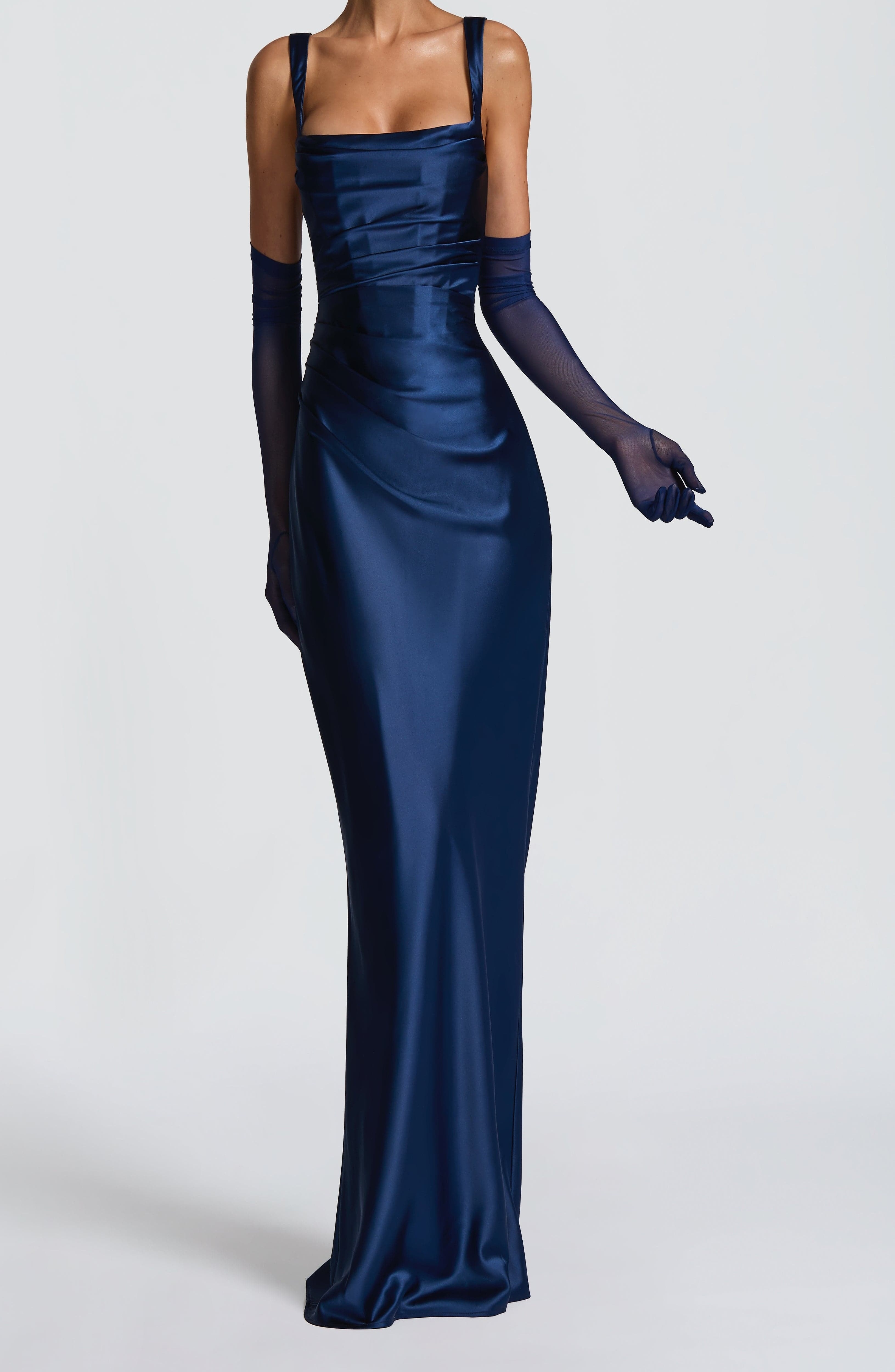 Navy Satin Maxi Dress with Square Neckline & Lace-Up Back - Image 5
