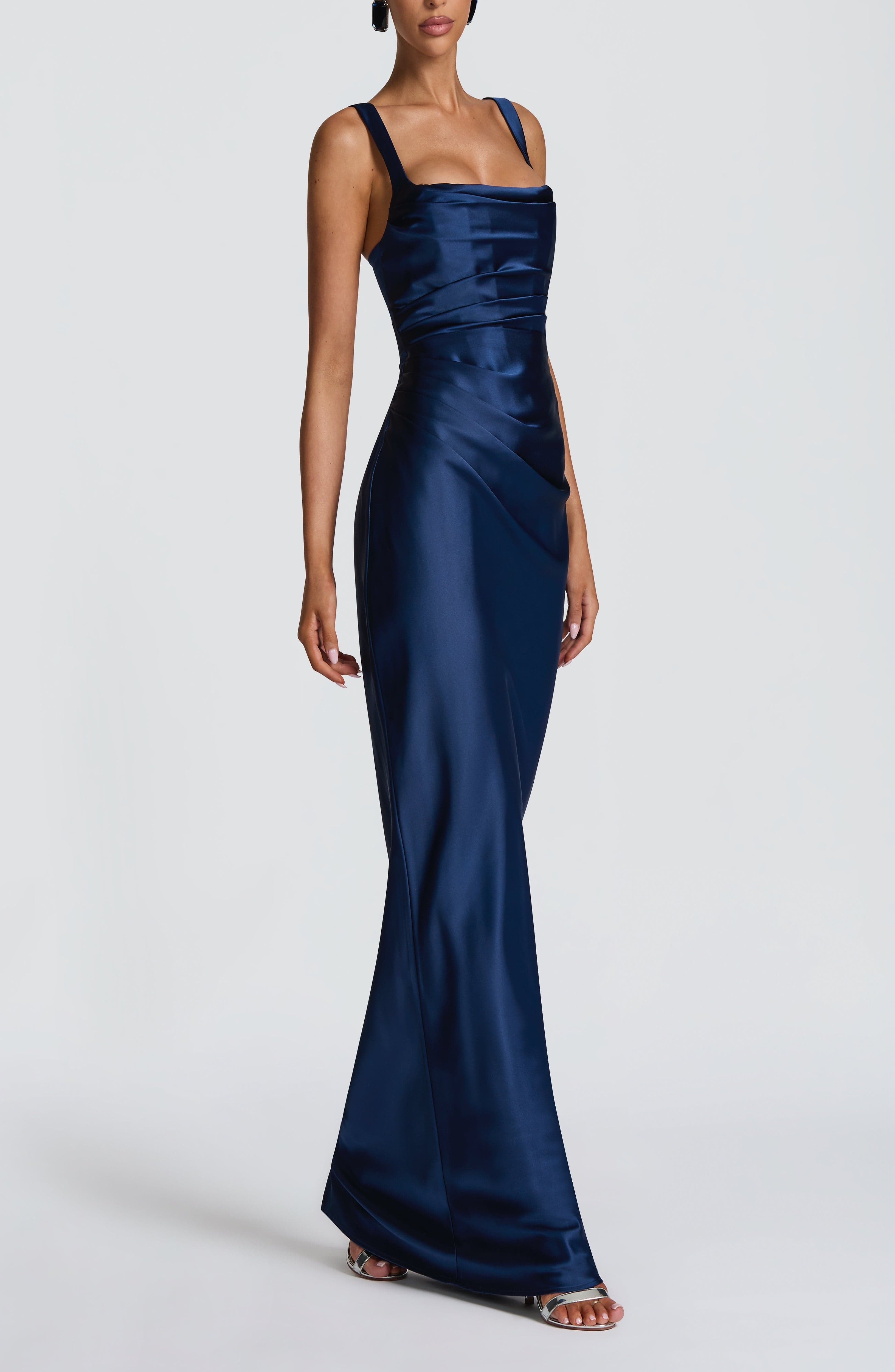 Navy Satin Maxi Dress with Square Neckline & Lace-Up Back - Image 4