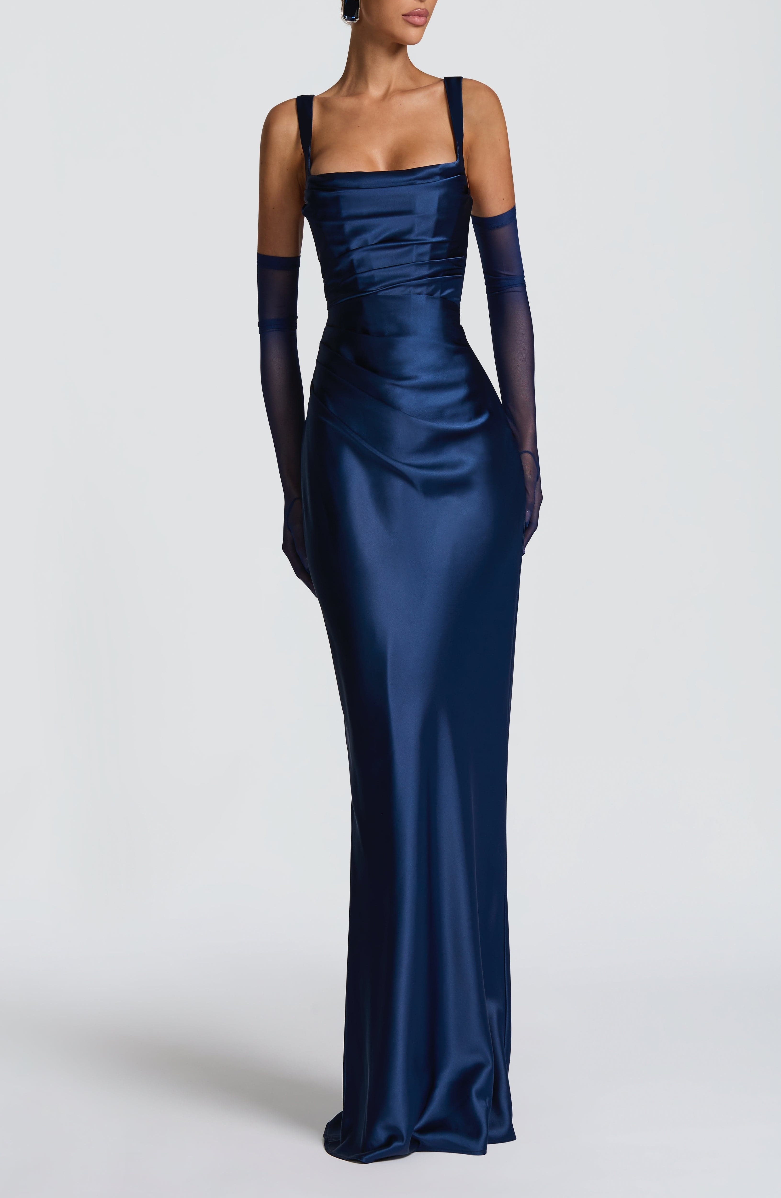 Navy Satin Maxi Dress with Square Neckline & Lace-Up Back - Image 6