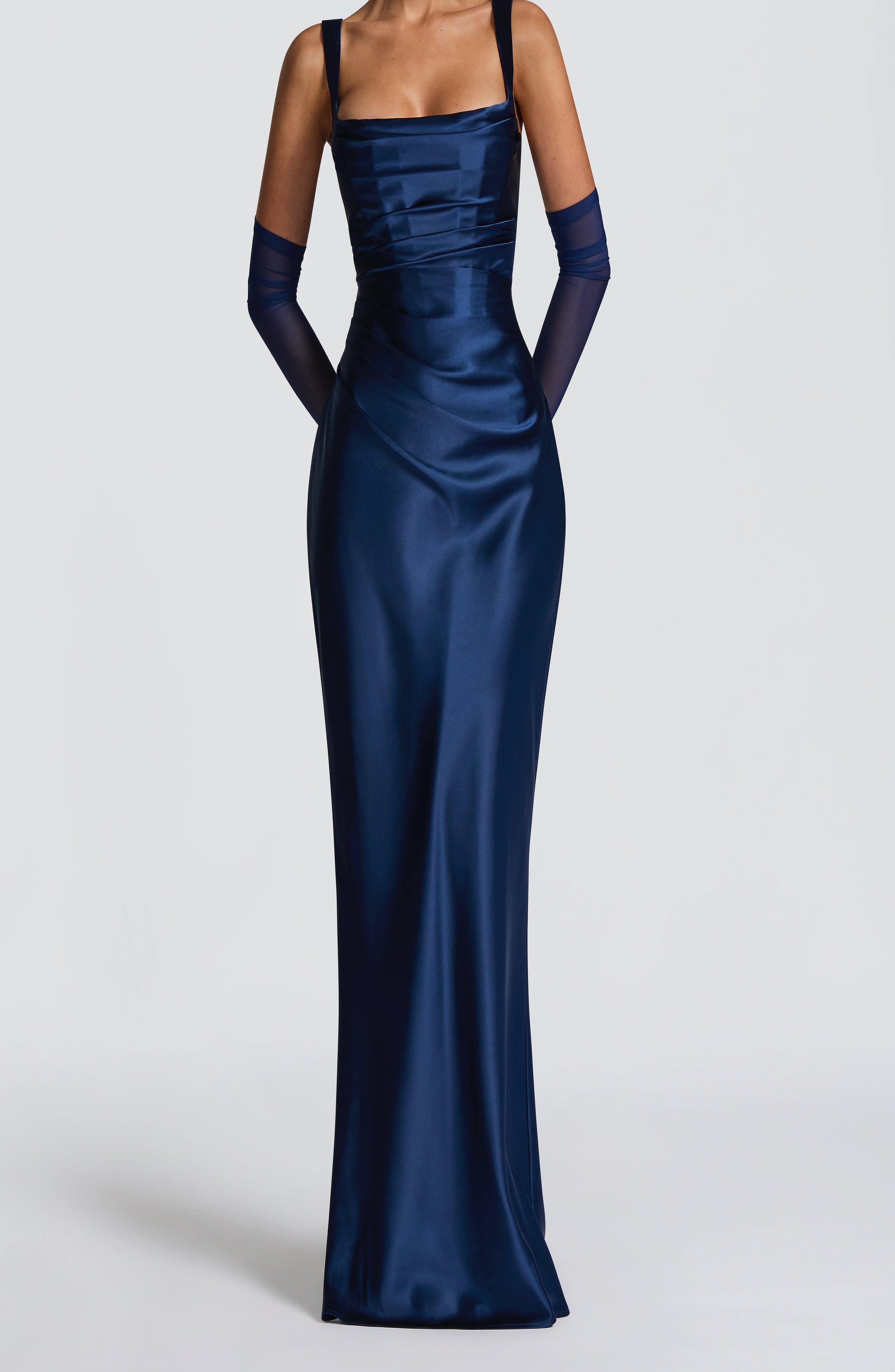 Navy Satin Maxi Dress with Square Neckline & Lace-Up Back