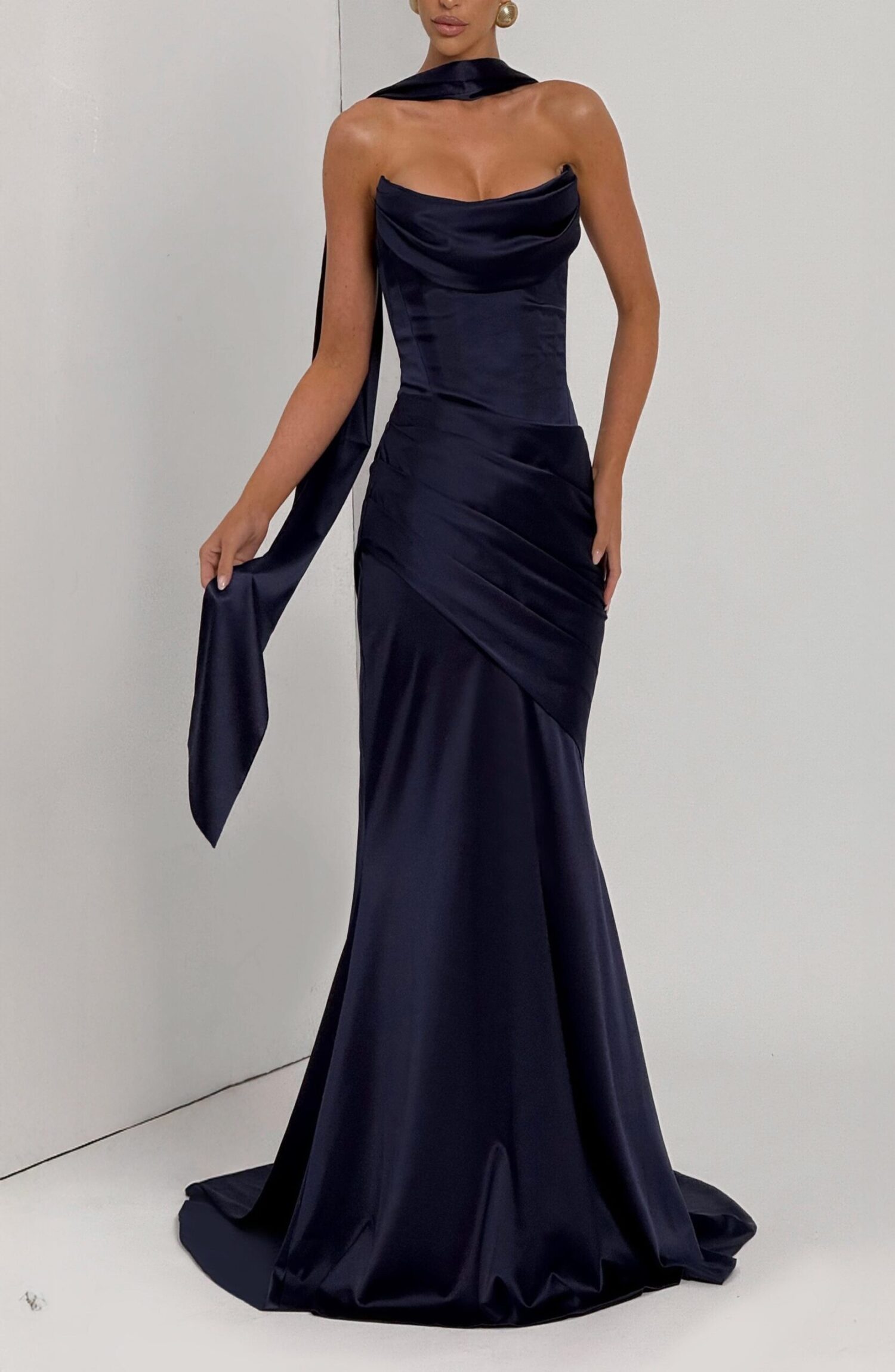 Navy Strapless Stretch Satin Maxi Dress with Cowl Neck & Train - Image 5