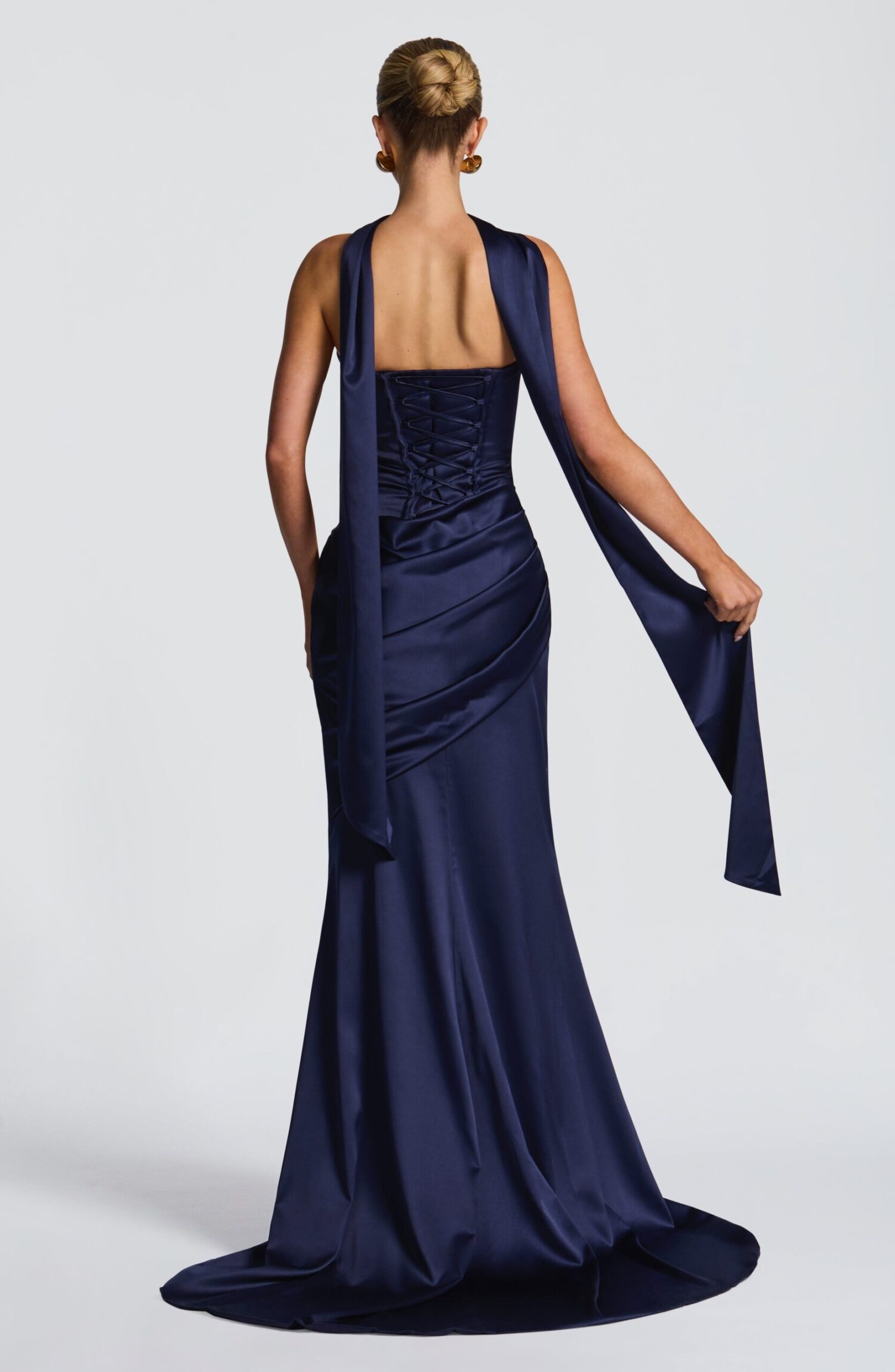 Navy Strapless Stretch Satin Maxi Dress with Cowl Neck & Train - Image 7