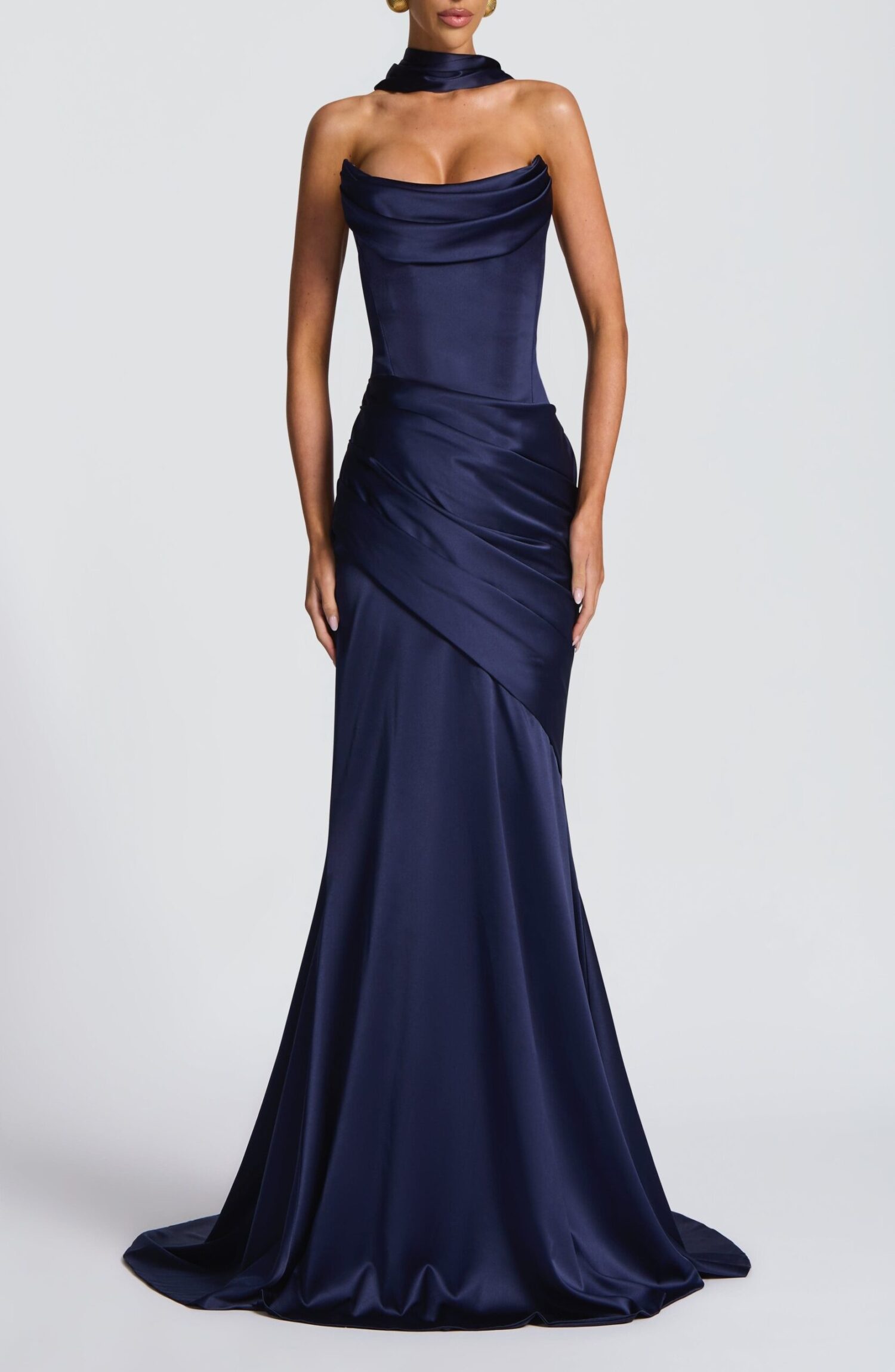 Navy Strapless Stretch Satin Maxi Dress with Cowl Neck & Train
