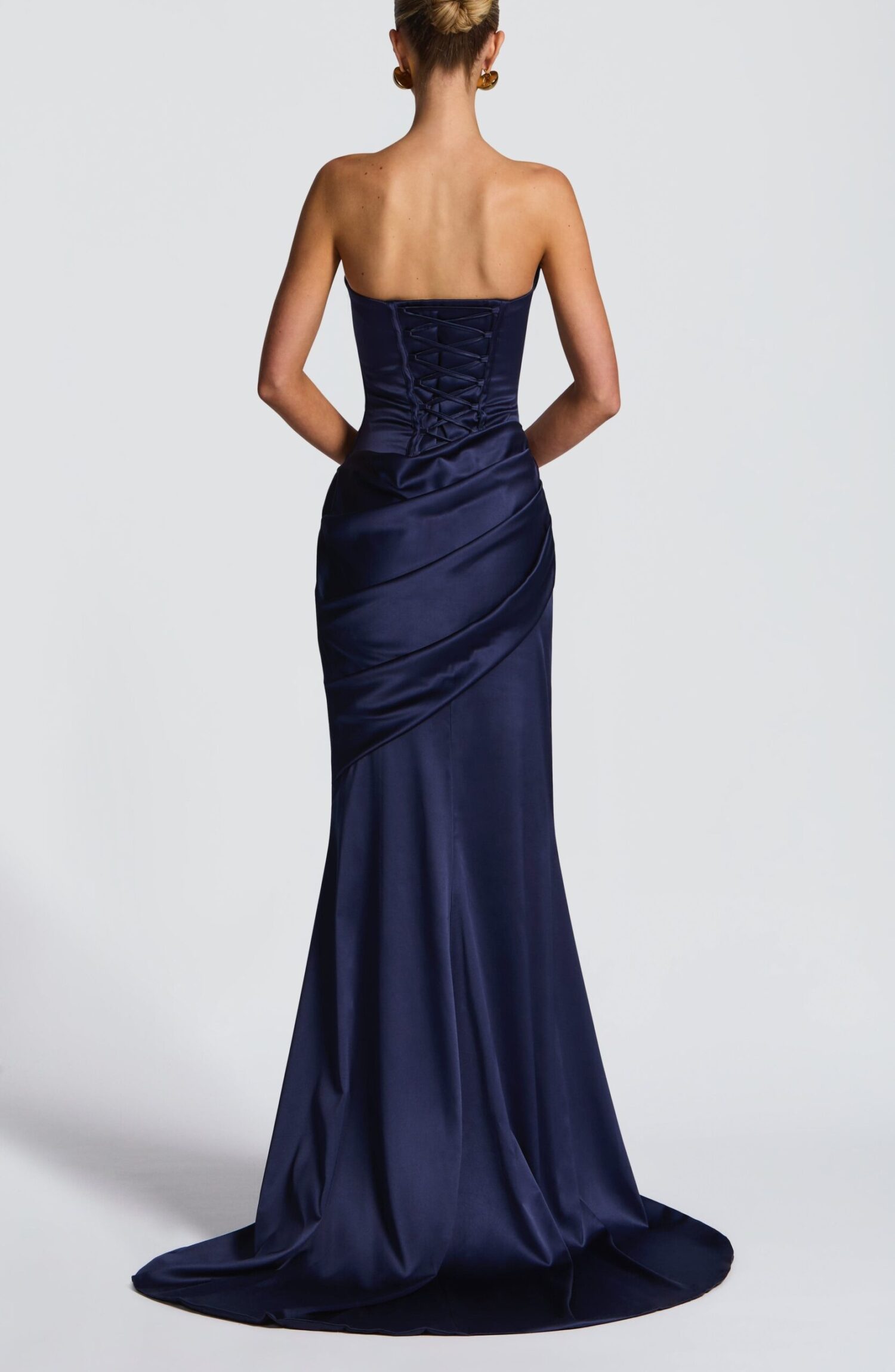 Navy Strapless Stretch Satin Maxi Dress with Cowl Neck & Train - Image 2