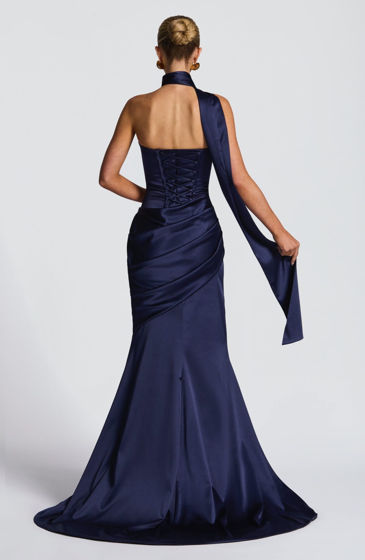 Navy Strapless Stretch Satin Maxi Dress with Cowl Neck & Train - Image 10