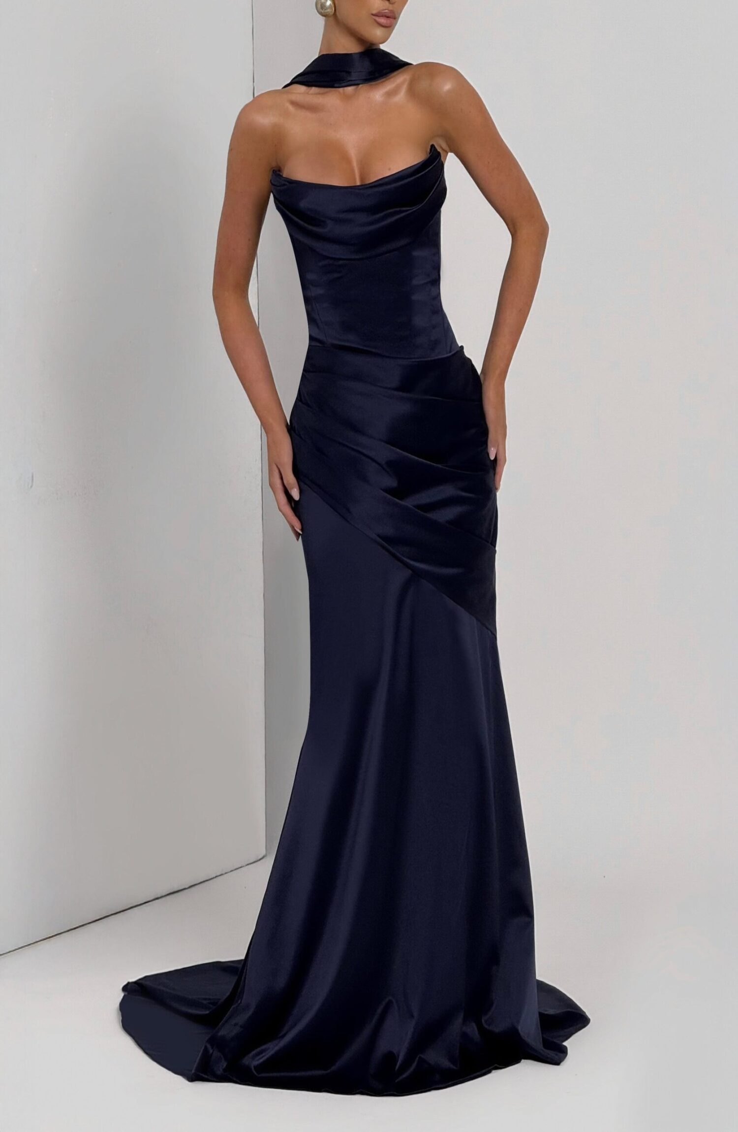 Navy Strapless Stretch Satin Maxi Dress with Cowl Neck & Train - Image 9