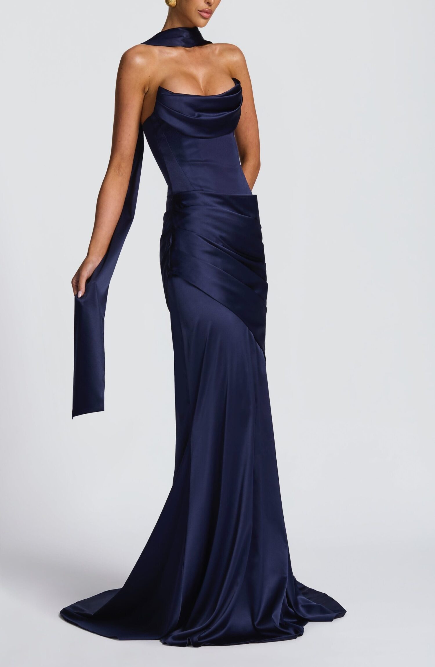 Navy Strapless Stretch Satin Maxi Dress with Cowl Neck & Train - Image 6