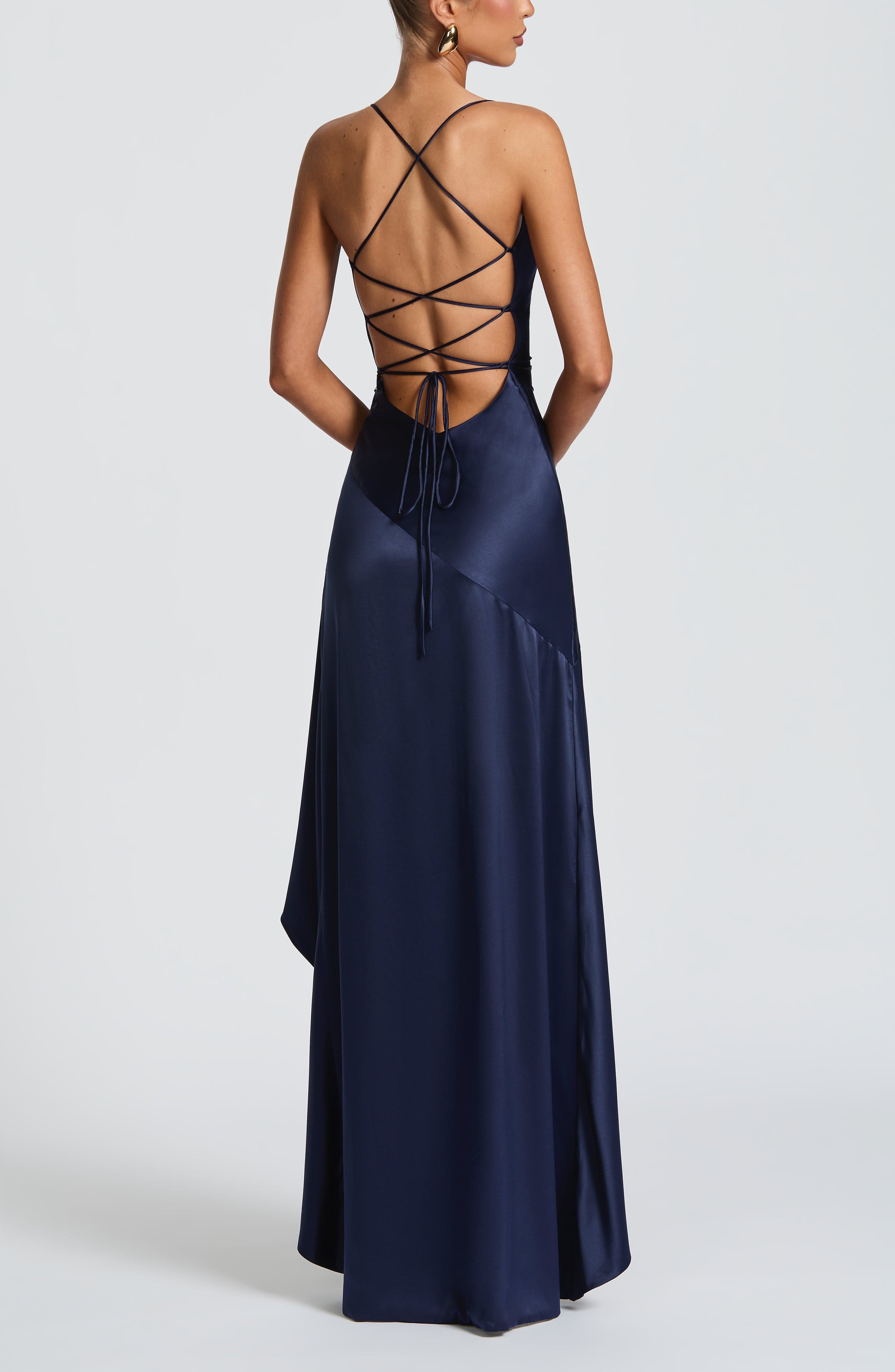 Navy Stretch Satin Maxi Dress with Ruffle Hem & Lace-Up Back - Image 4