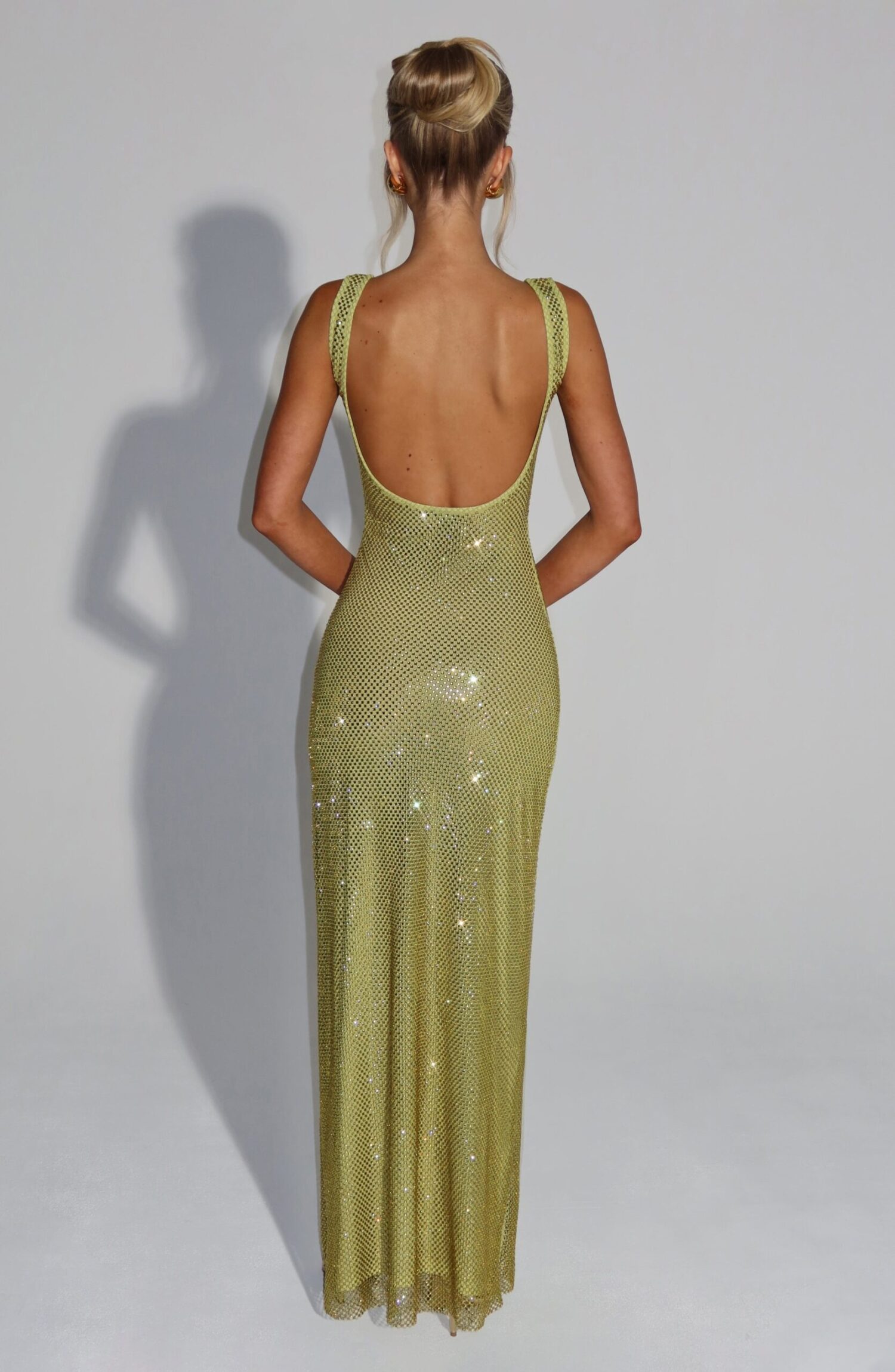 Olive Maxi Dress Rhinestone Embellished Bodycon Stretch Net - Image 6