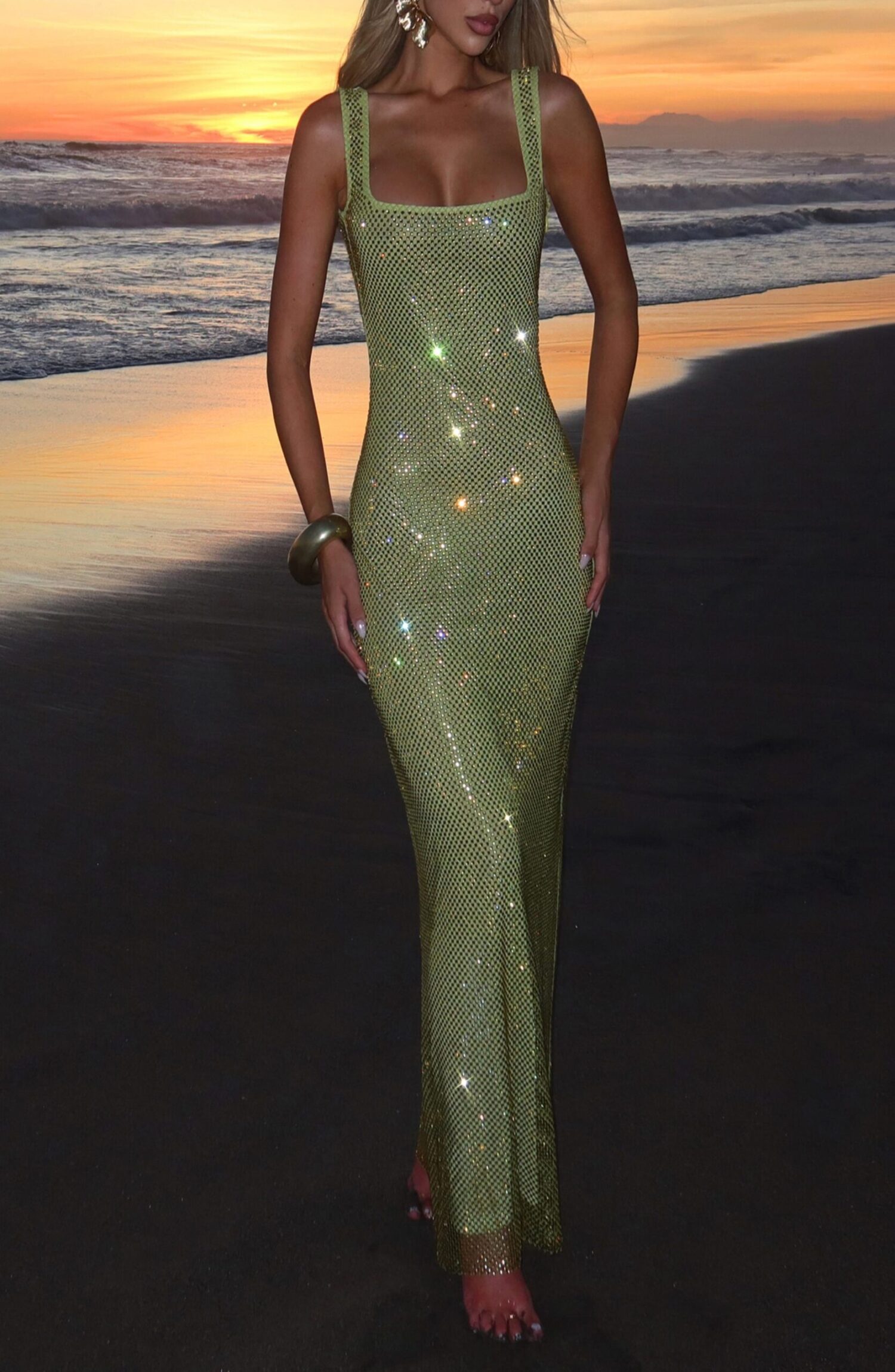 Olive Maxi Dress Rhinestone Embellished Bodycon Stretch Net - Image 8