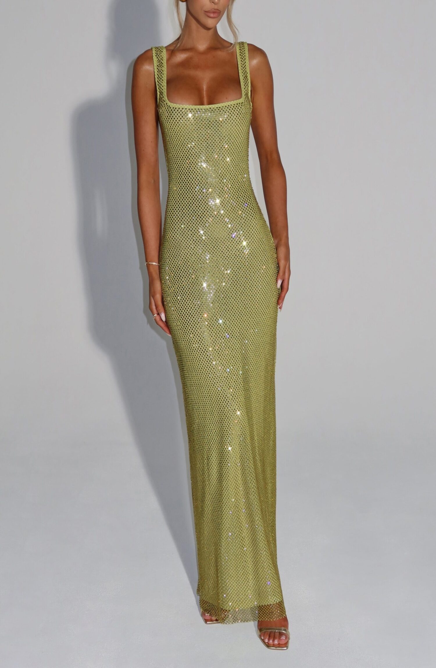 Olive Maxi Dress Rhinestone Embellished Bodycon Stretch Net - Image 4