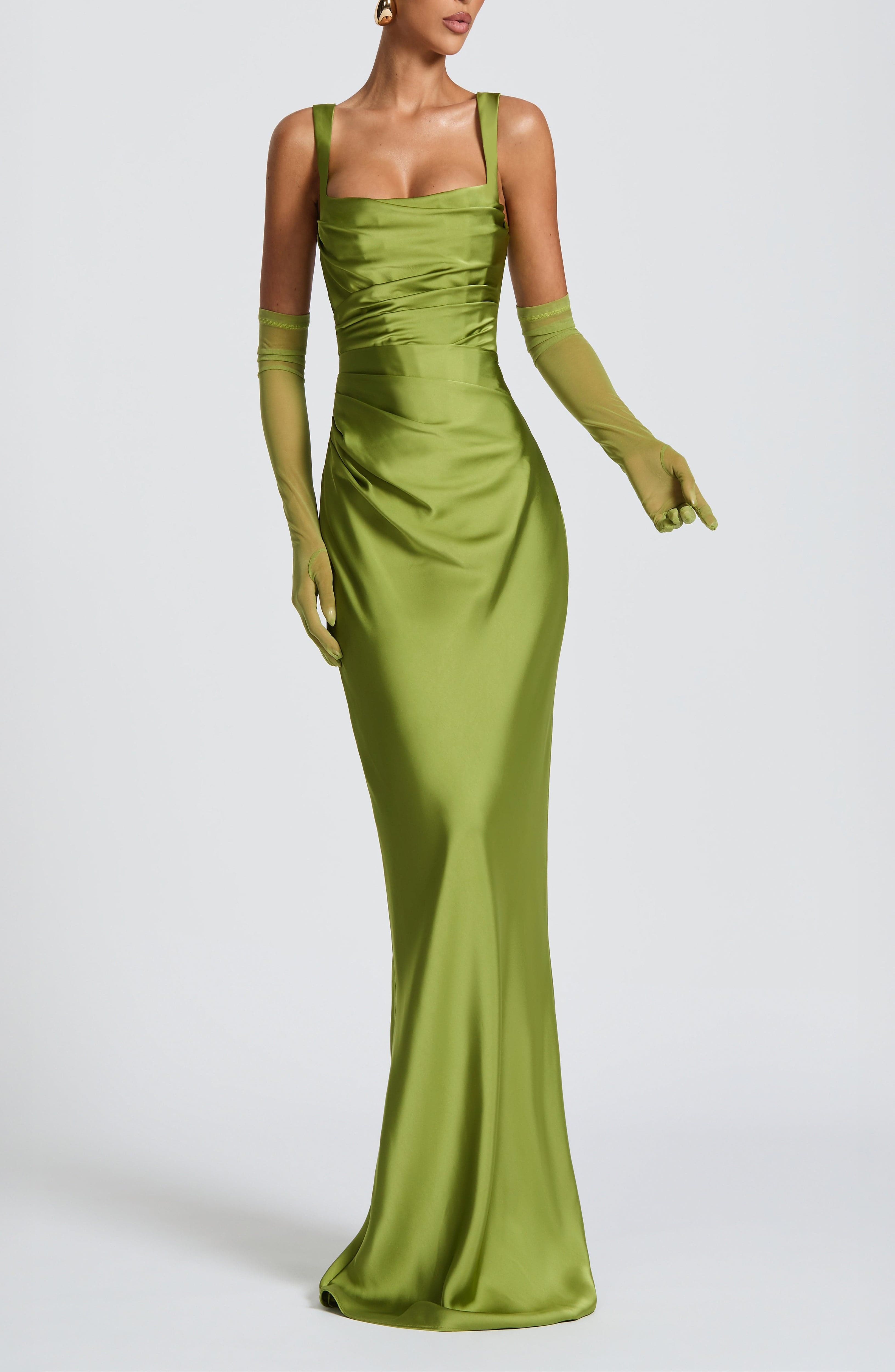 Olive Satin Maxi Dress with Square Neckline & Lace-Up Back - Image 8