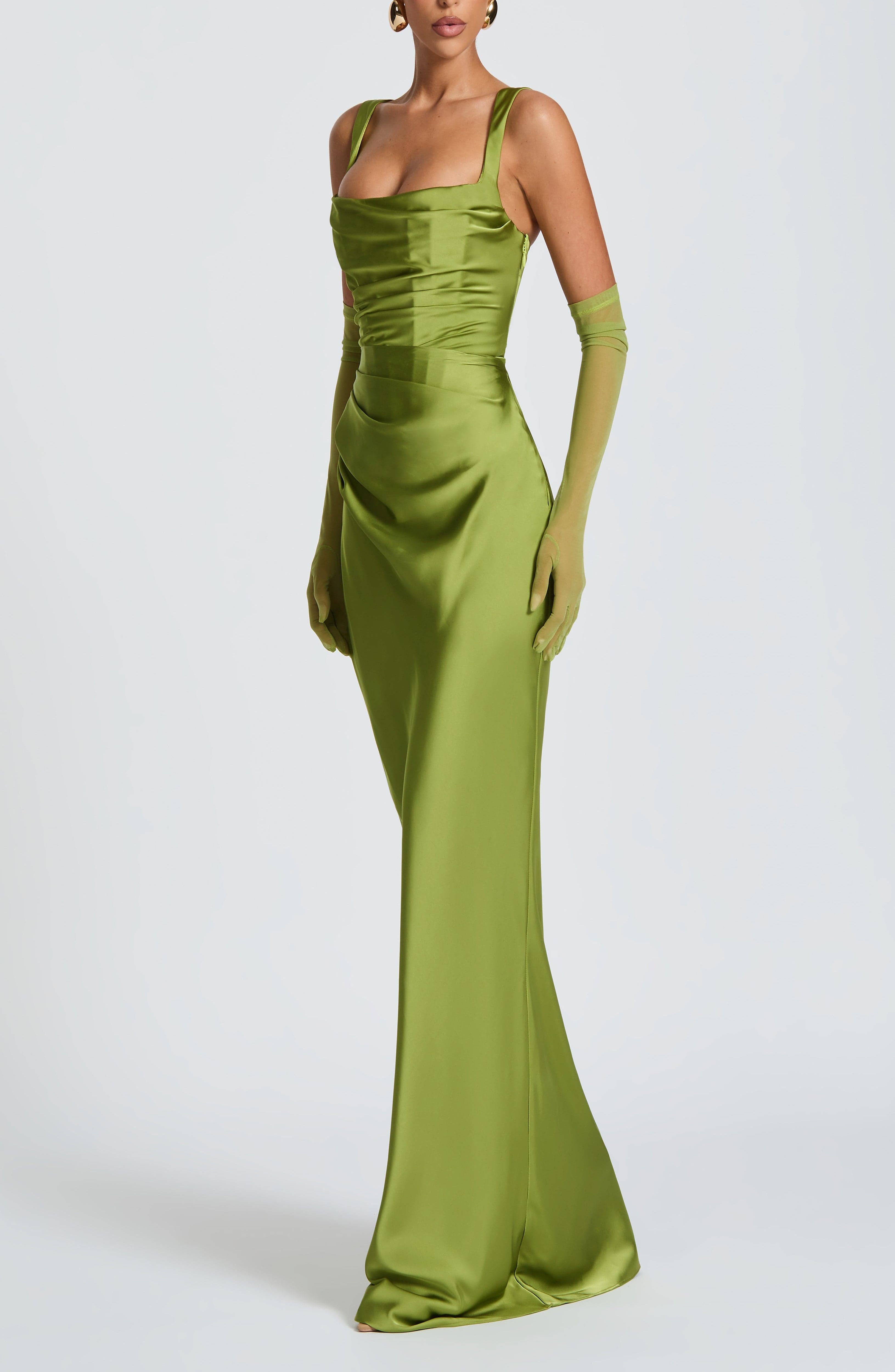 Olive Satin Maxi Dress with Square Neckline & Lace-Up Back - Image 6