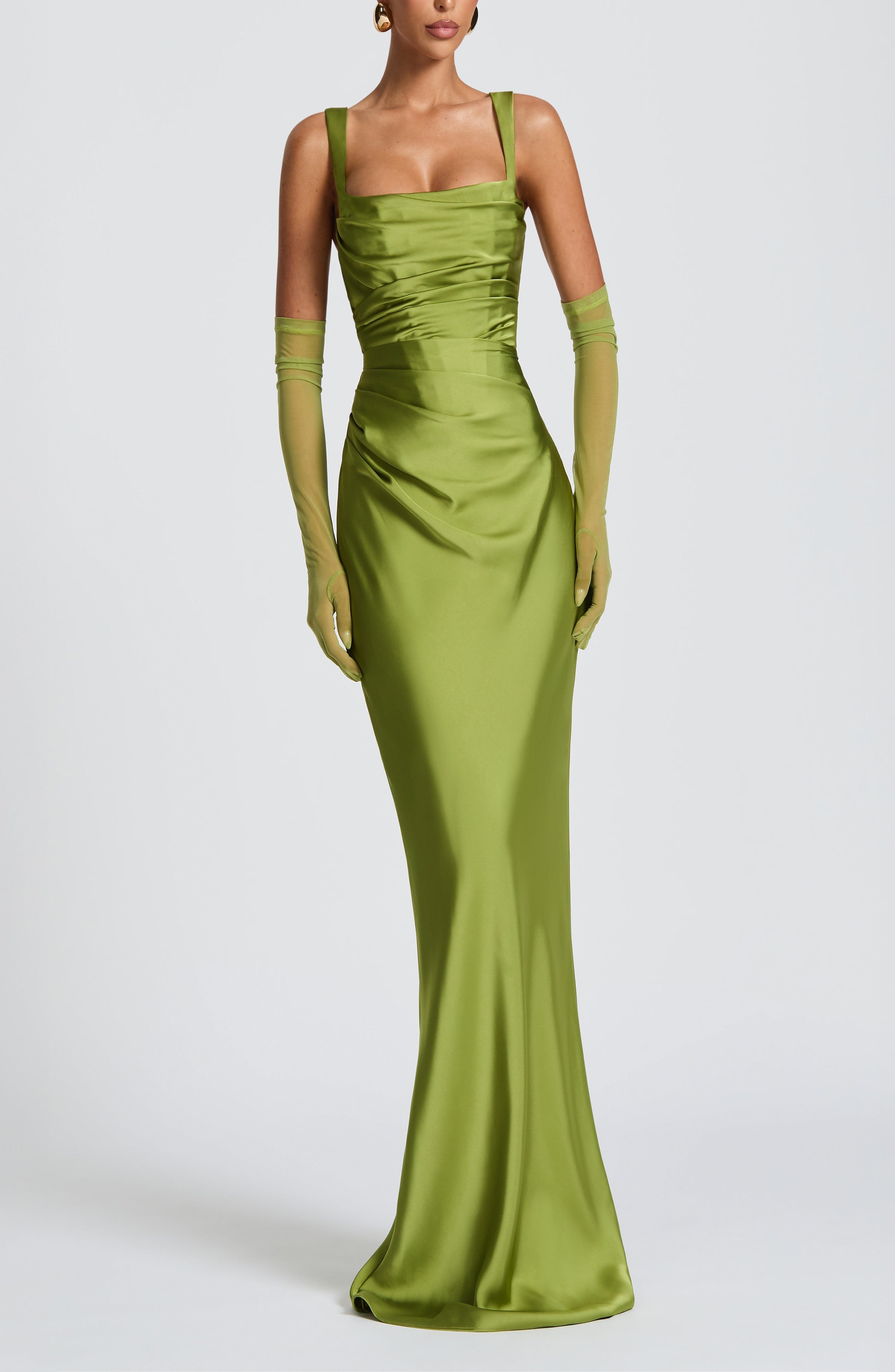 Olive Satin Maxi Dress with Square Neckline & Lace-Up Back
