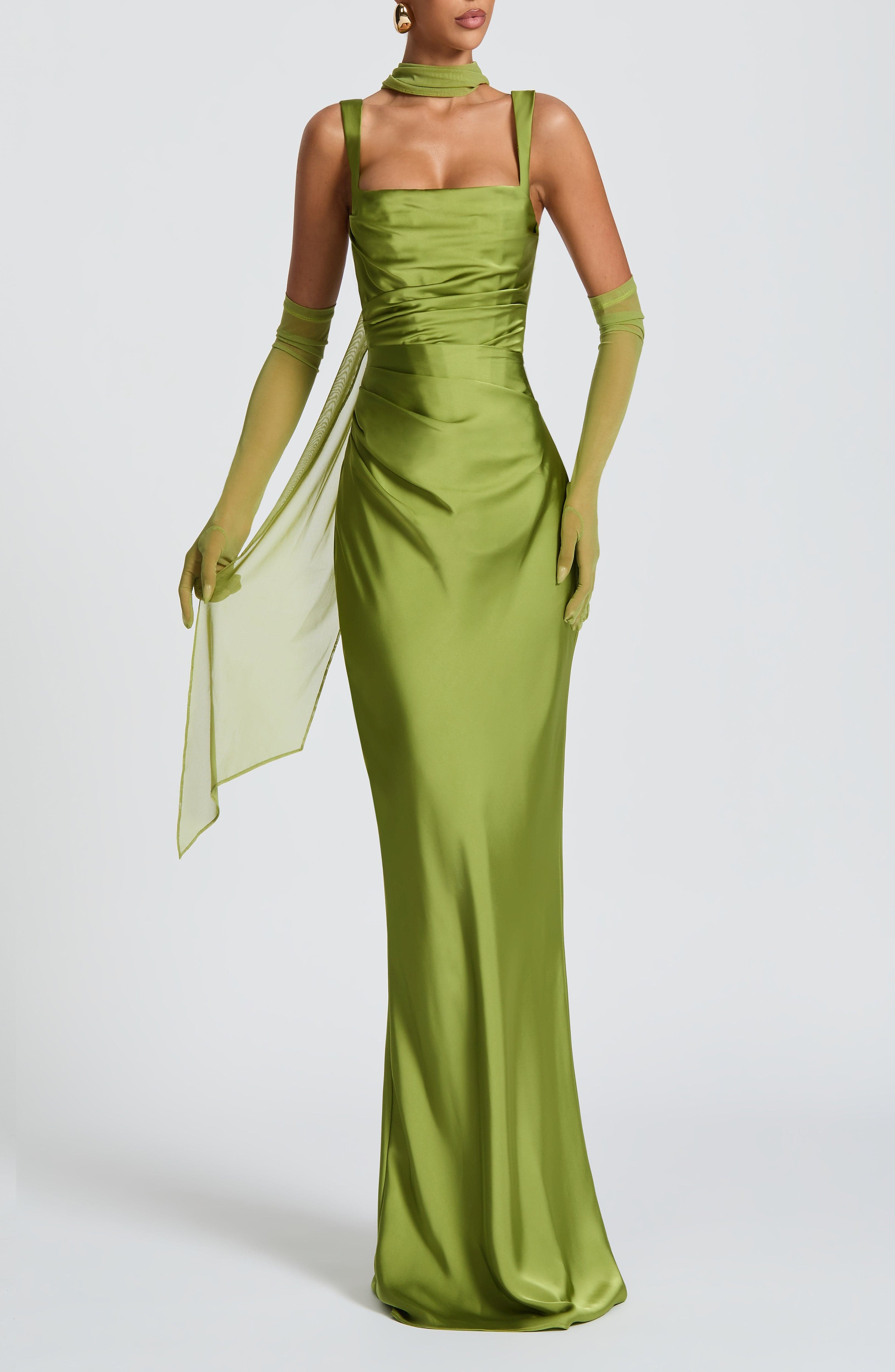 Olive Satin Maxi Dress with Square Neckline & Lace-Up Back - Image 4