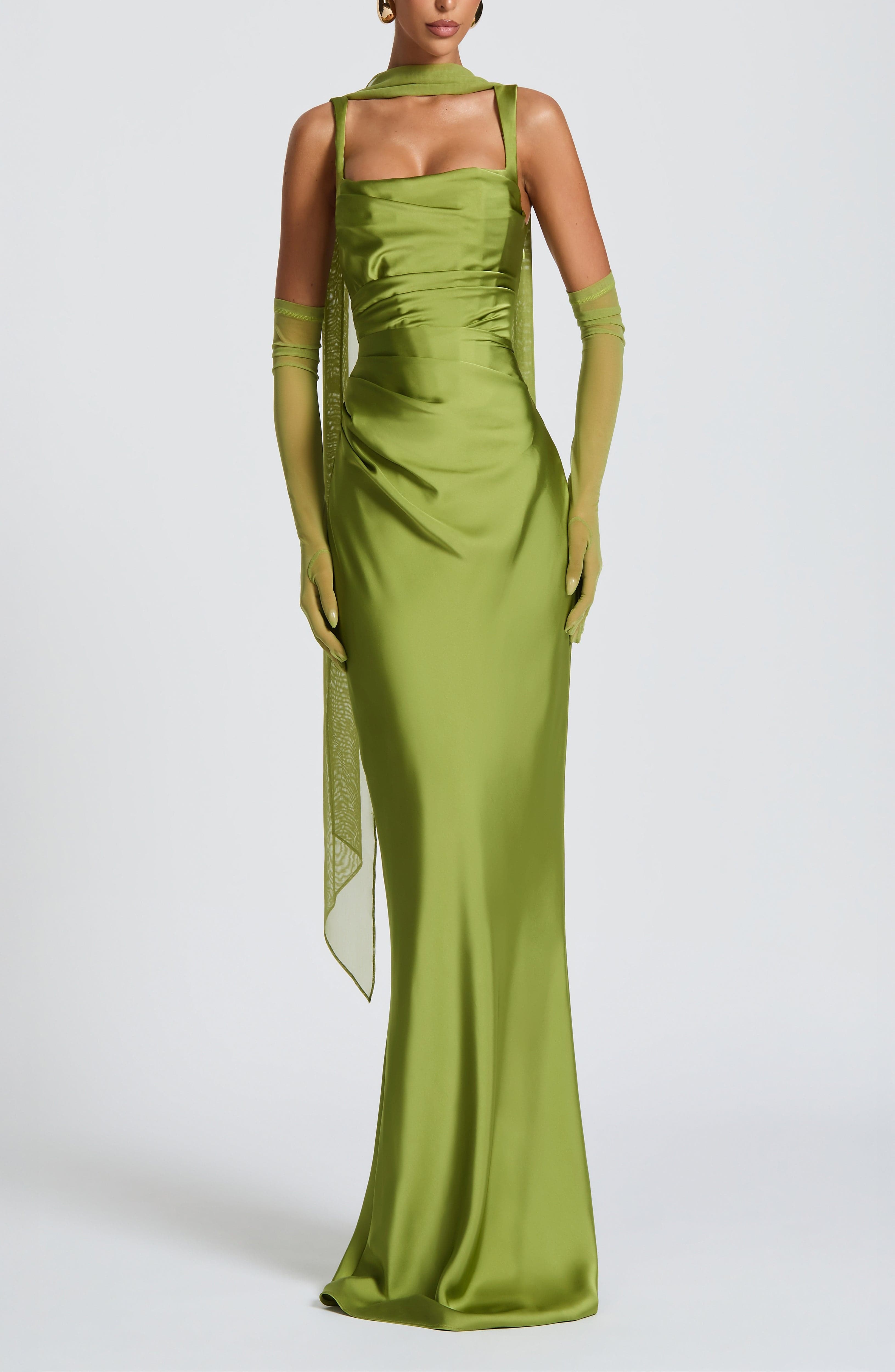 Olive Satin Maxi Dress with Square Neckline & Lace-Up Back - Image 2