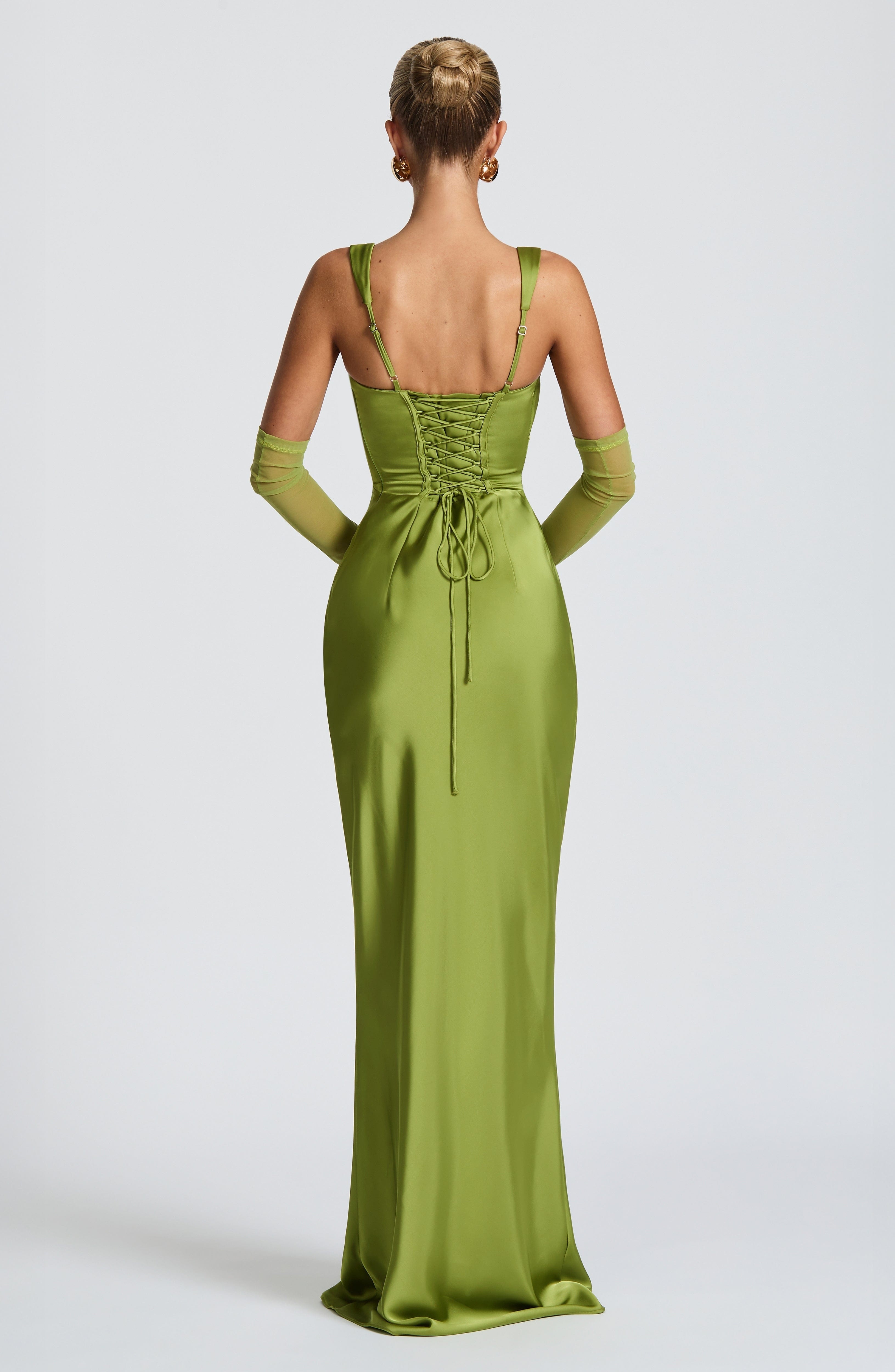 Olive Satin Maxi Dress with Square Neckline & Lace-Up Back - Image 5