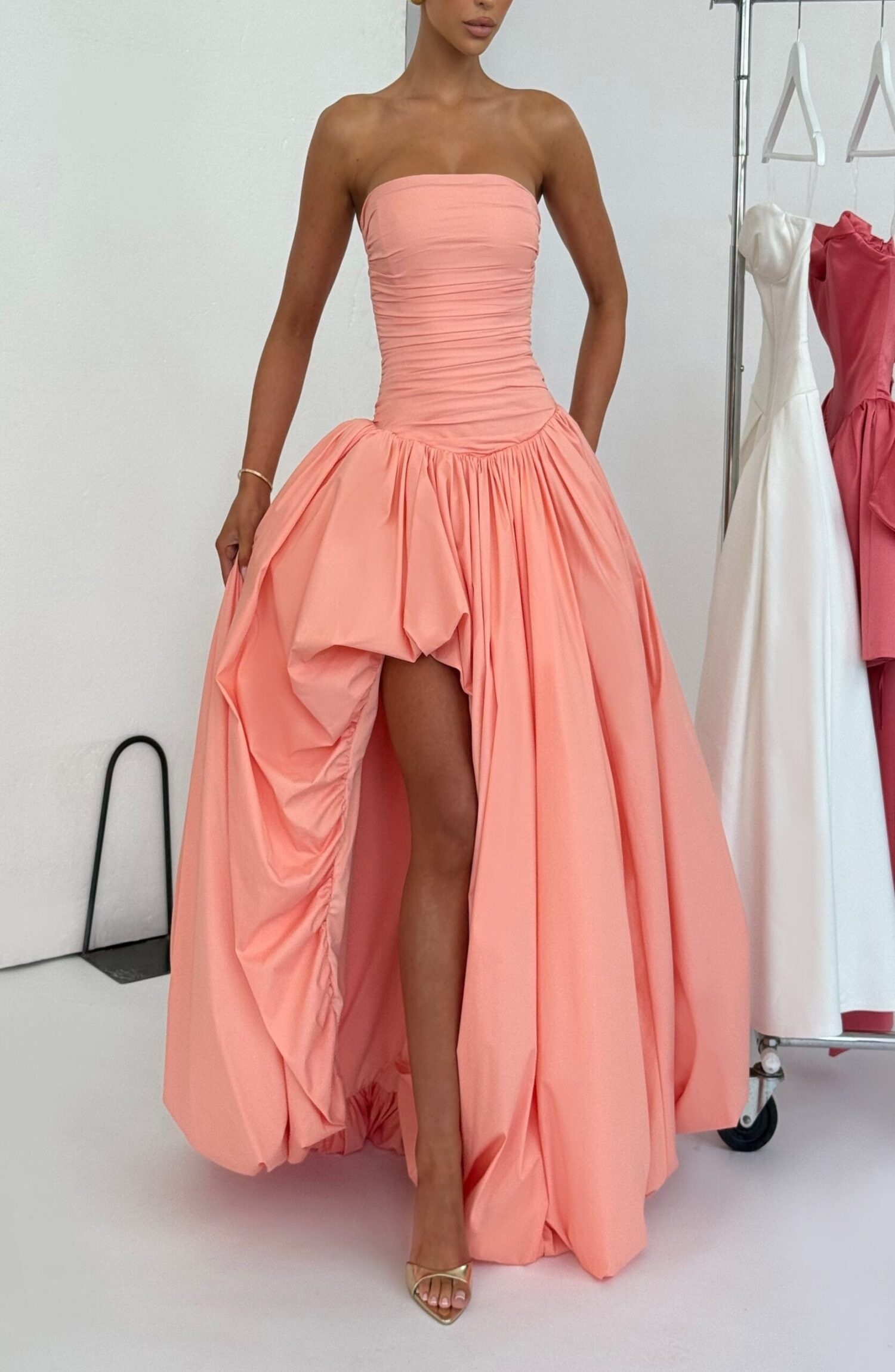 Peach Strapless Maxi Dress - Ruched Bodice, Puff Ball Skirt - Image 5
