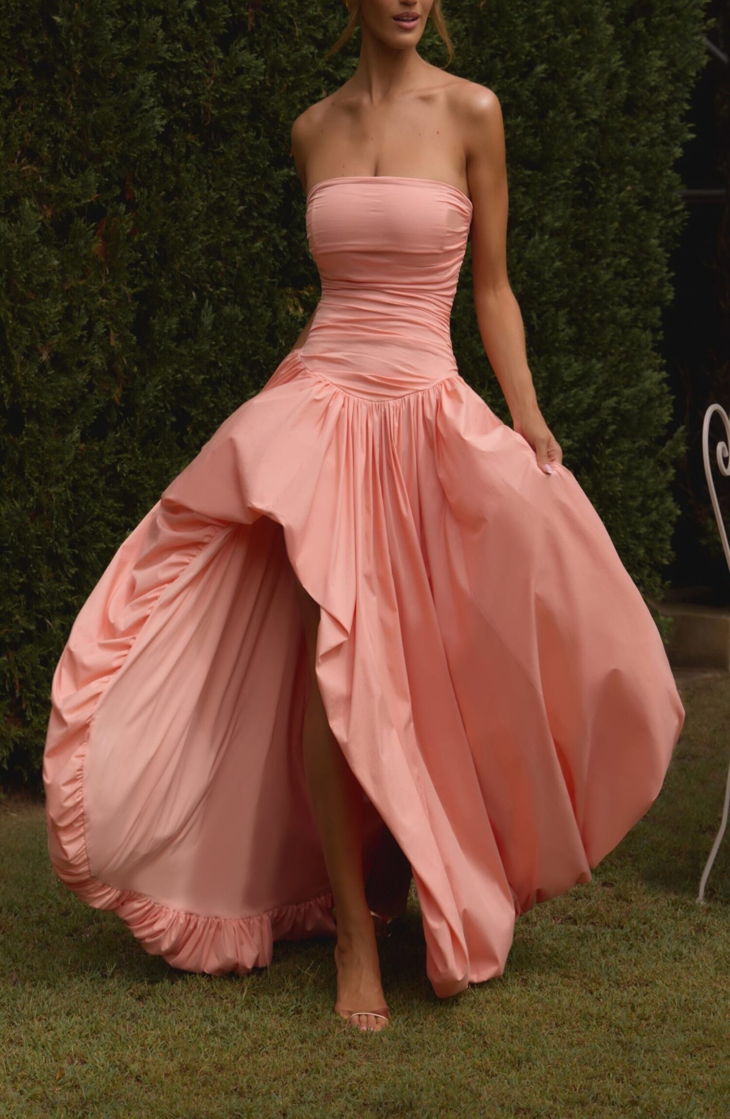 Peach Strapless Maxi Dress - Ruched Bodice, Puff Ball Skirt - Image 3