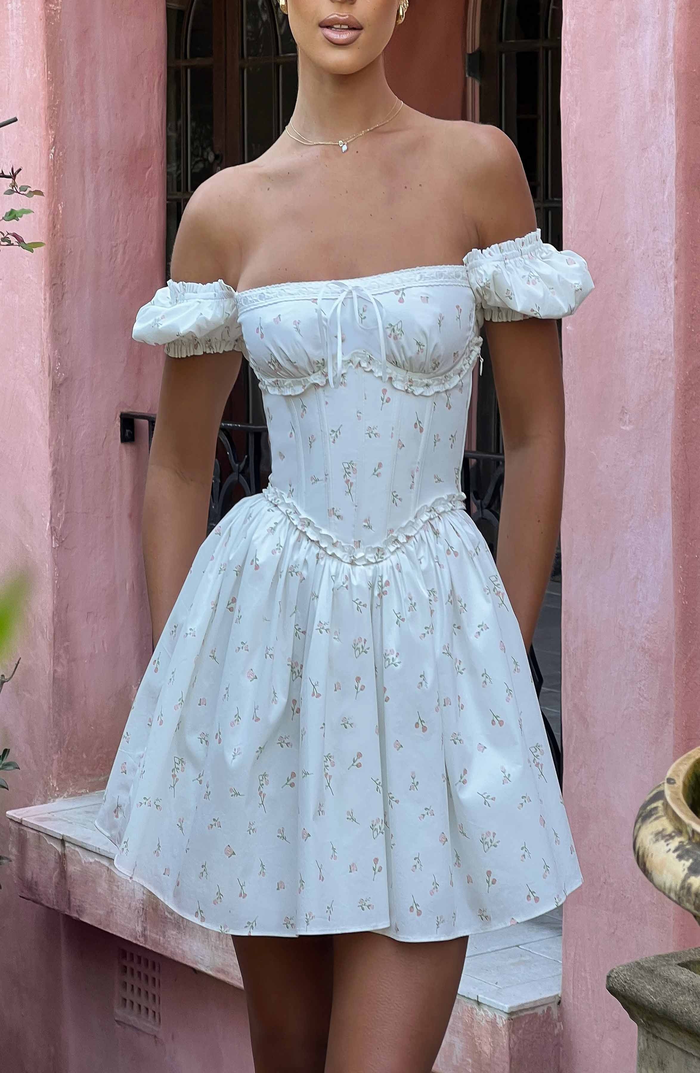 Penelope Blush Floral Puff Sleeve Milkmaid Mini Dress